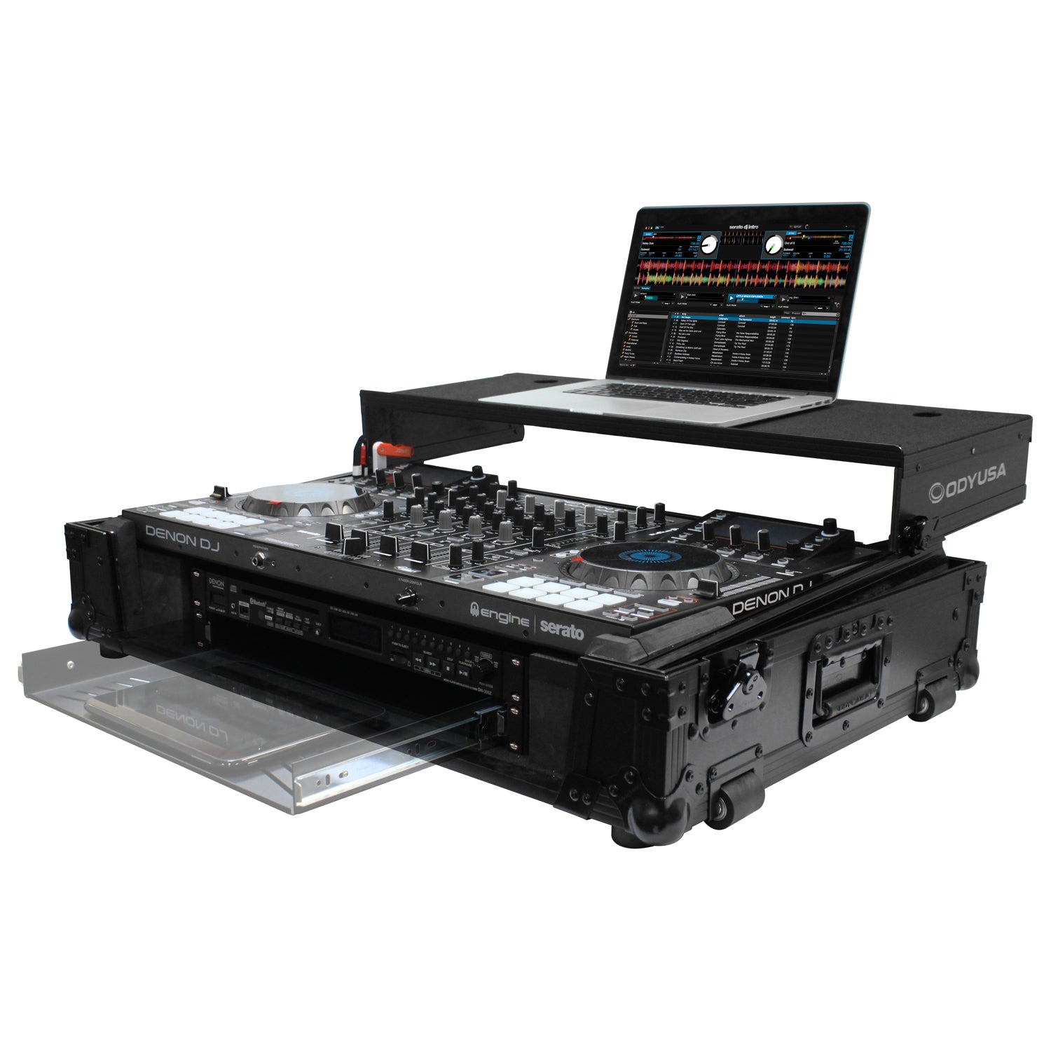 Odyssey FZGSMCX8000W2BL - Black Denon MCX8000 Flight Case with 2U Rack Space, Wheels, and Glide Platform