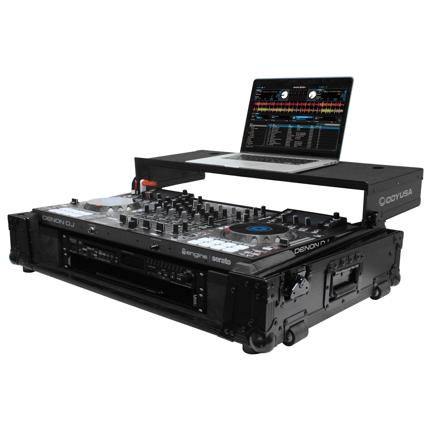 Odyssey FZGSMCX8000W2BL - Black Denon MCX8000 Flight Case with 2U Rack Space, Wheels, and Glide Platform