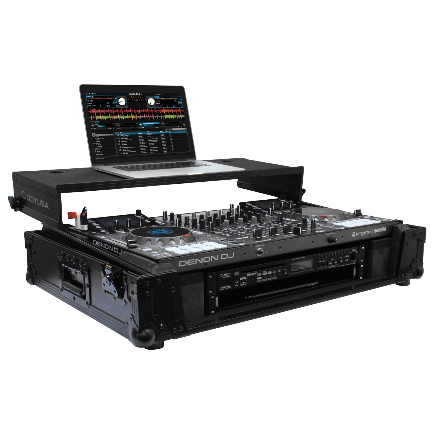 Odyssey FZGSMCX8000W2BL - Black Denon MCX8000 Flight Case with 2U Rack Space, Wheels, and Glide Platform