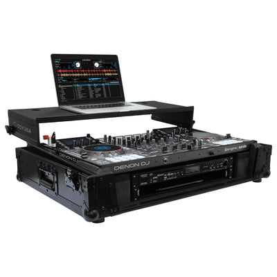 Odyssey FZGSMCX8000W2BL - Black Denon MCX8000 Flight Case with 2U Rack Space, Wheels, and Glide Platform