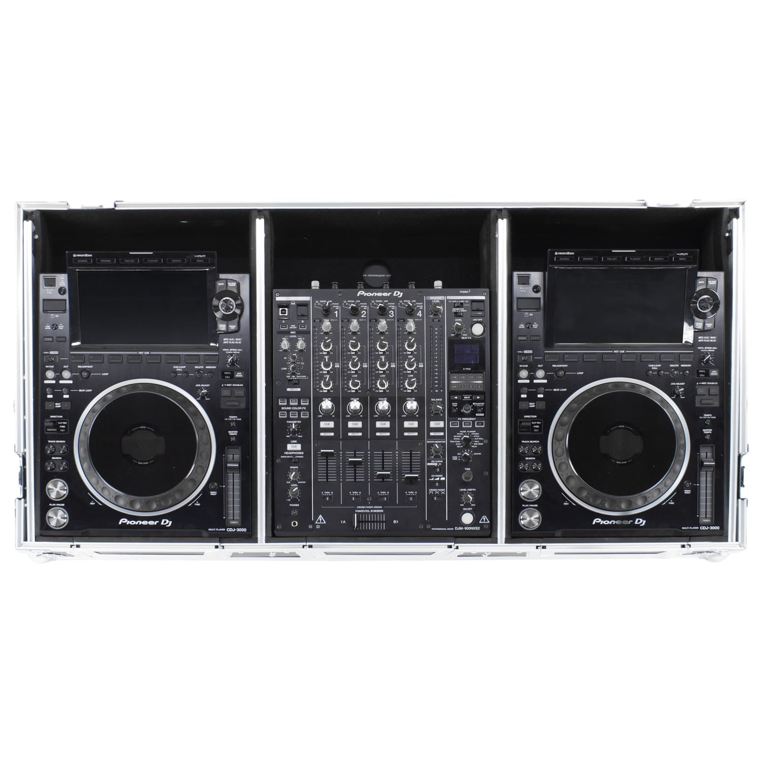 Odyssey FZGSP12CDJW2 - Universal 12″ Format DJ Mixer and Two Large Format Media Players Flight Coffin Case with Full Glide Platform