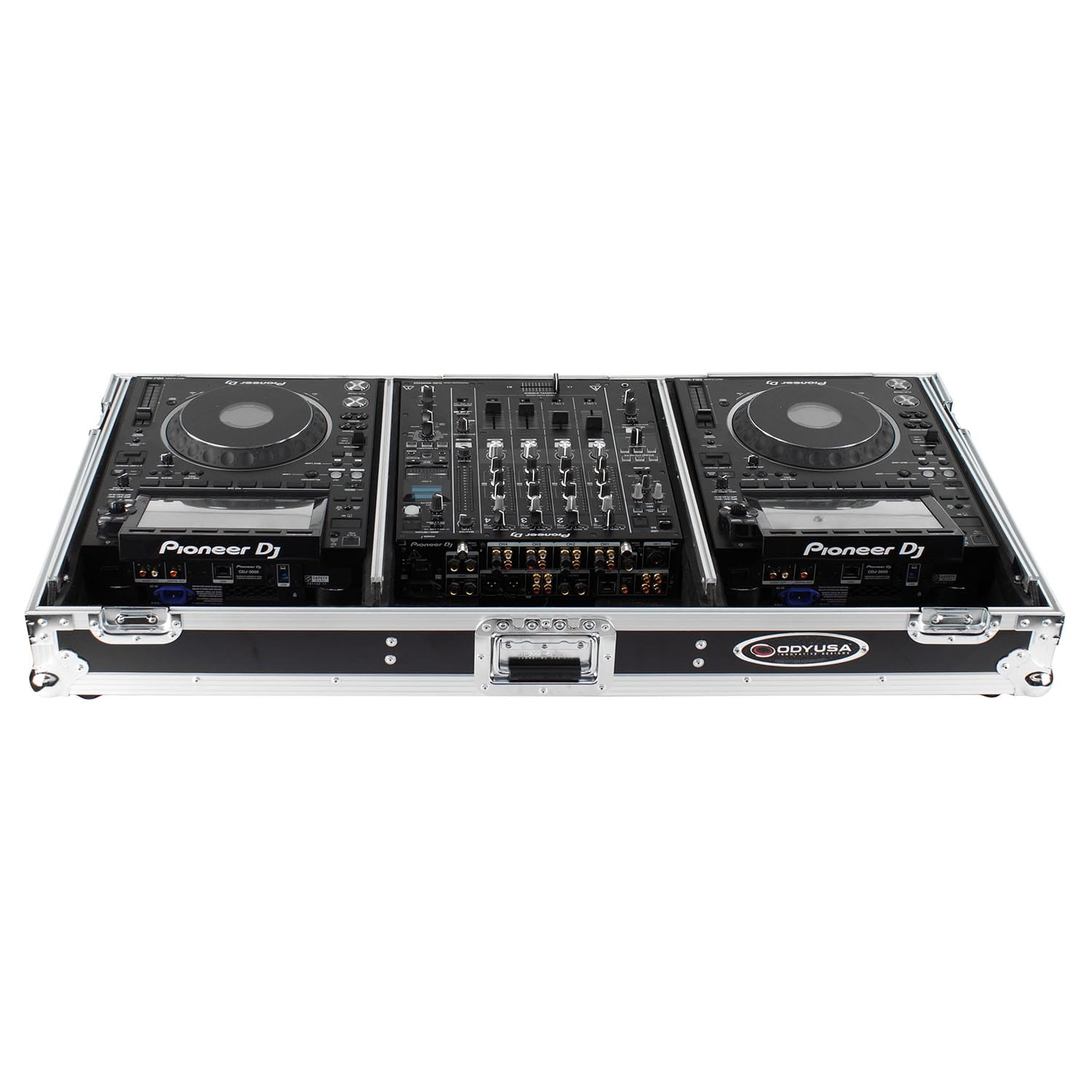 Odyssey FZGSP12CDJW2 - Universal 12″ Format DJ Mixer and Two Large Format Media Players Flight Coffin Case with Full Glide Platform