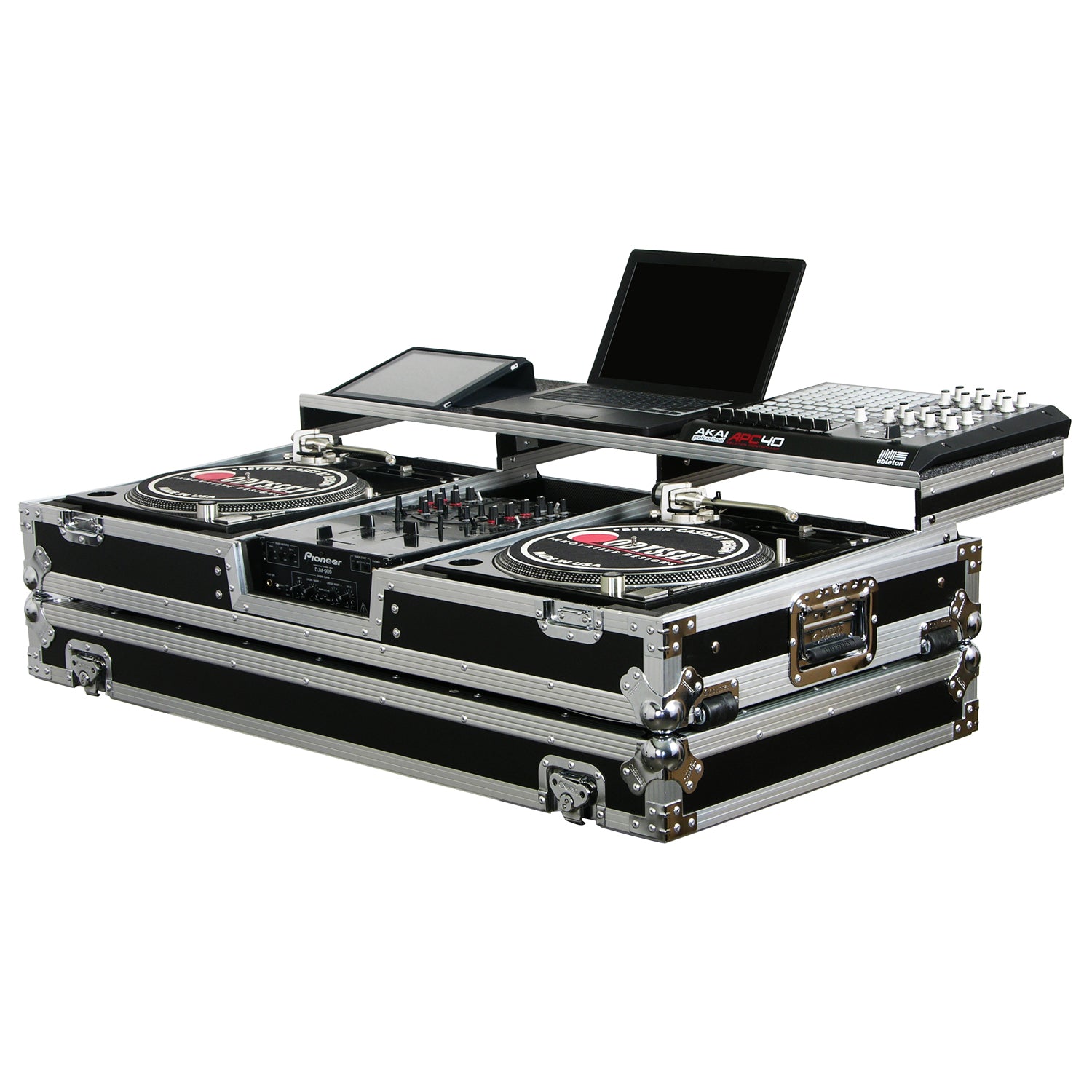 Odyssey FZGSPBM10W - Universal 10" Format DJ Mixer and Two Battle Position Turntables Flight Coffin Case with Full Glide Platform.
