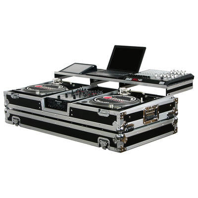 Odyssey FZGSPBM10W - Universal 10" Format DJ Mixer and Two Battle Position Turntables Flight Coffin Case with Full Glide Platform.