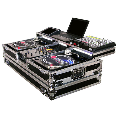Odyssey FZGSPBM10W - Universal 10" Format DJ Mixer and Two Battle Position Turntables Flight Coffin Case with Full Glide Platform.
