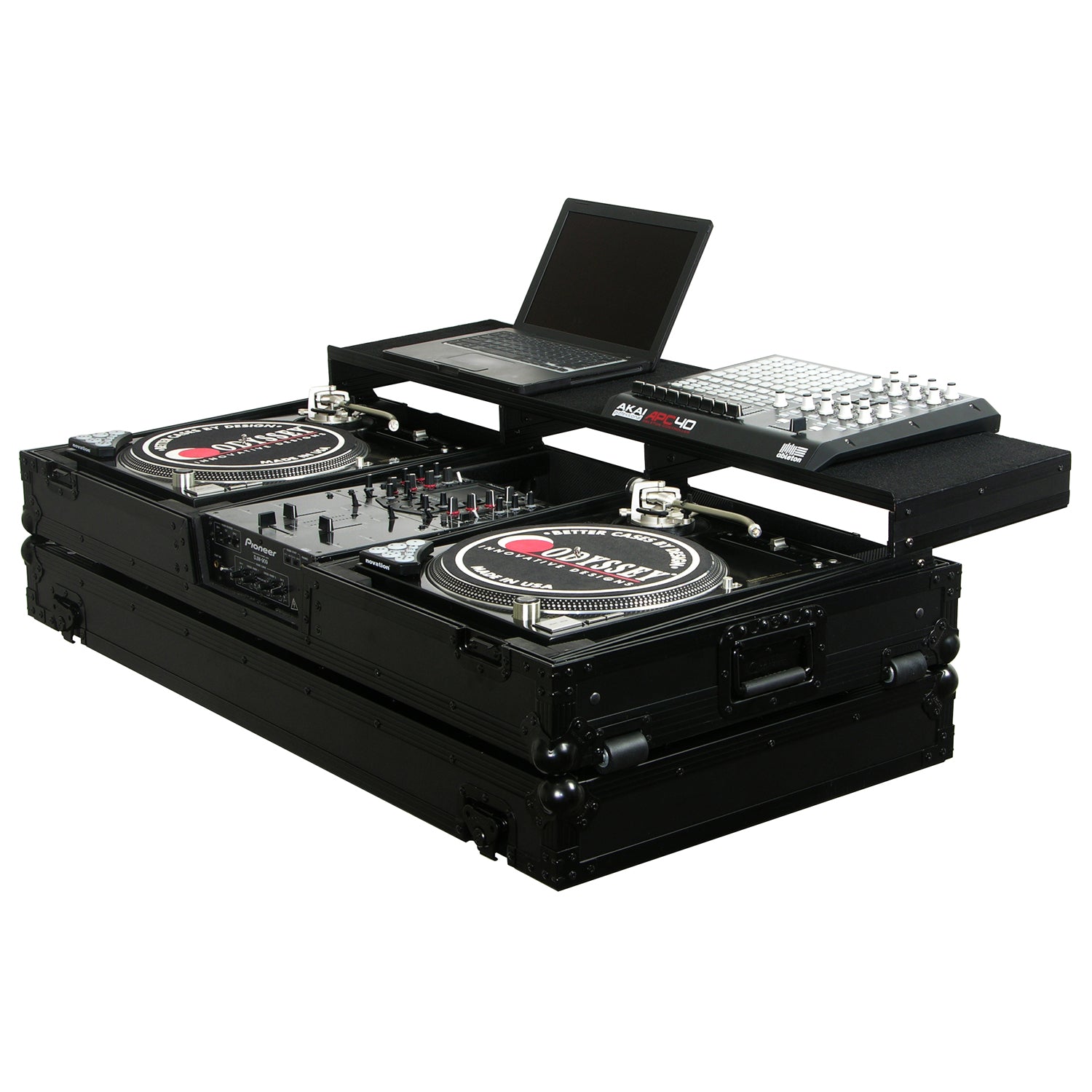 Odyssey FZGSPBM10WBL - Universal Black 10" Format DJ Mixer and Two Battle Position Turntables Flight Coffin Case with Full Glide Platform.