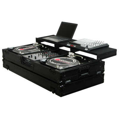 Odyssey FZGSPBM10WBL - Universal Black 10" Format DJ Mixer and Two Battle Position Turntables Flight Coffin Case with Full Glide Platform.
