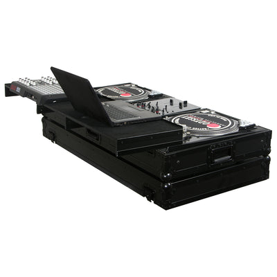 Odyssey FZGSPBM10WBL - Universal Black 10" Format DJ Mixer and Two Battle Position Turntables Flight Coffin Case with Full Glide Platform.
