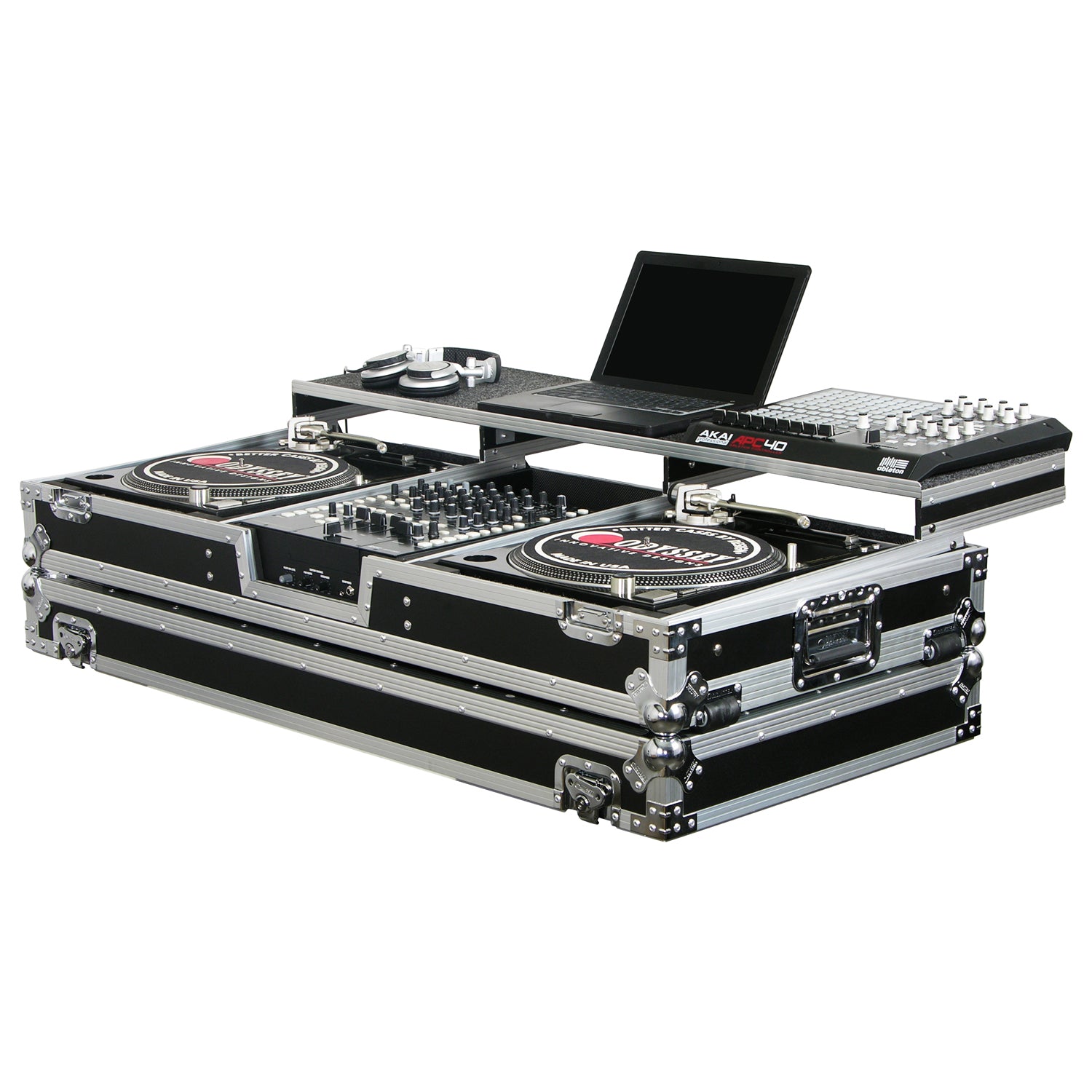 Odyssey FZGSPBM12W - Universal 12" Format DJ Mixer and Two Battle Position Turntables Flight Coffin Case with Full Glide Platform.