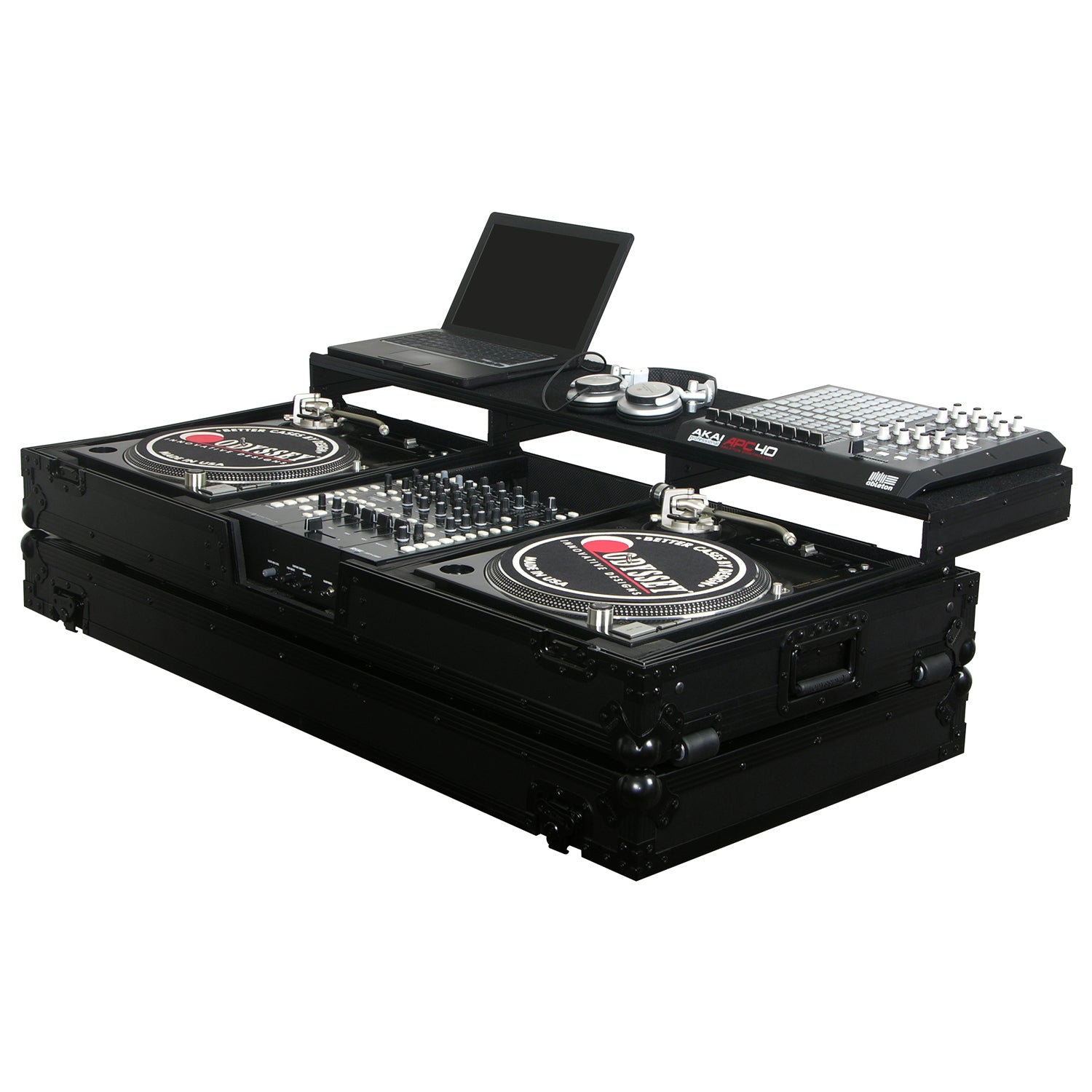 Odyssey FZGSPBM12WBL - Universal Black 12" Format DJ Mixer and Two Battle Position Turntables Flight Coffin Case with Full Glide Platform.