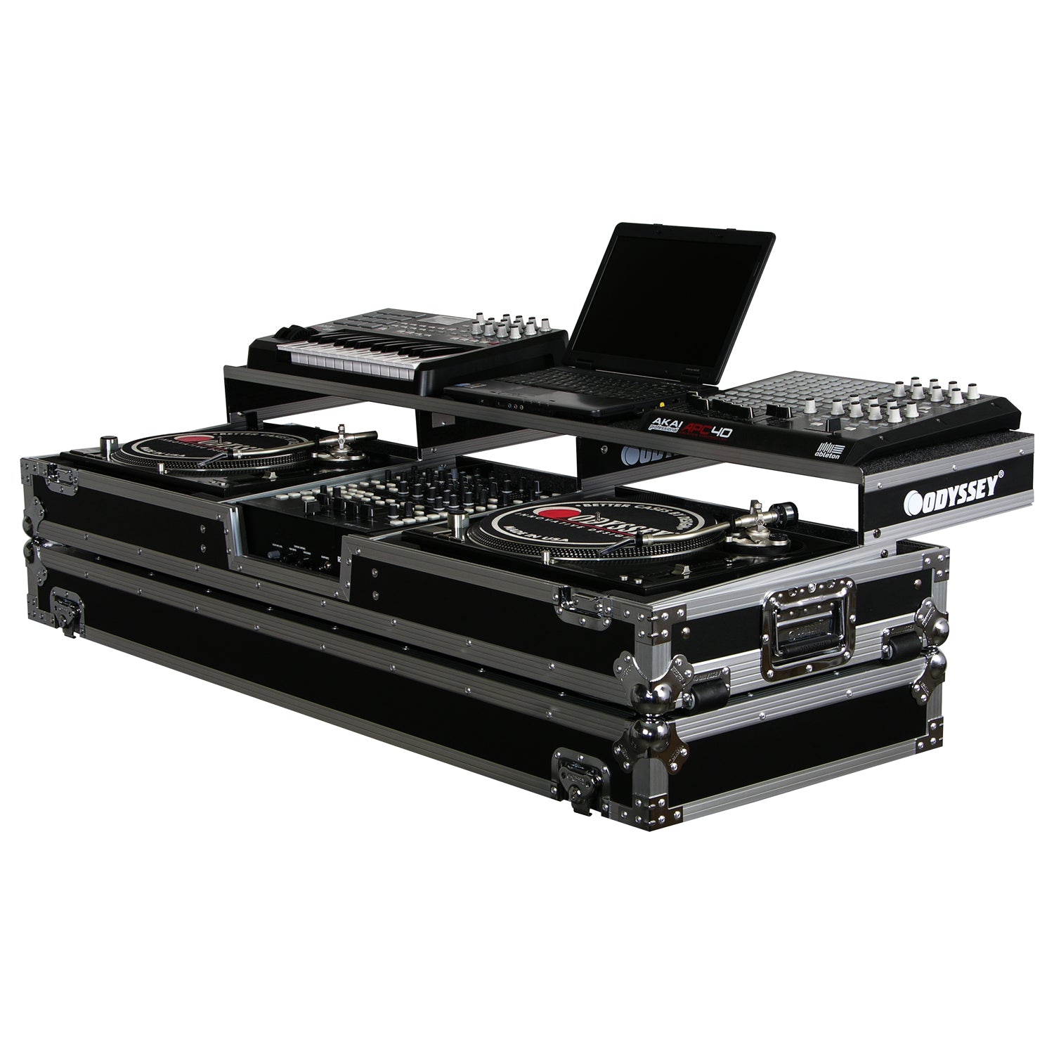 Odyssey FZGSPDJ12W - Universal 12" Format DJ Mixer and Two Standard Position Turntables Flight Coffin Case with Full Glide Platform.