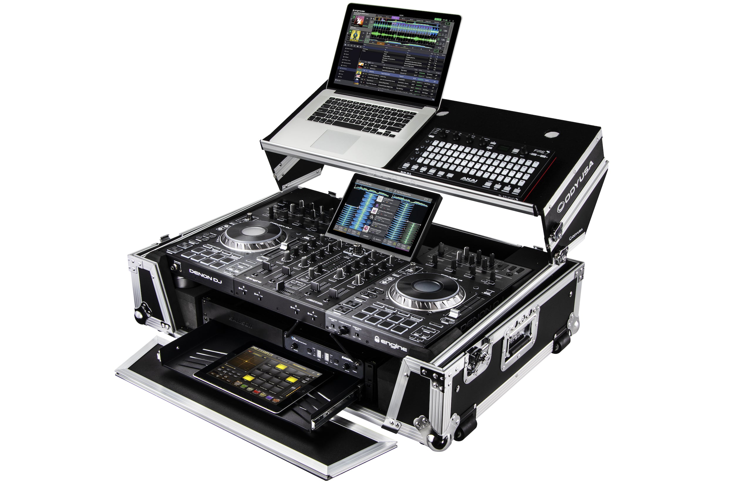 Odyssey FZGSPRIME4W2 - Denon Prime 4 Flight Case with Patented Glide Laptop Platform and 2U Rack Space