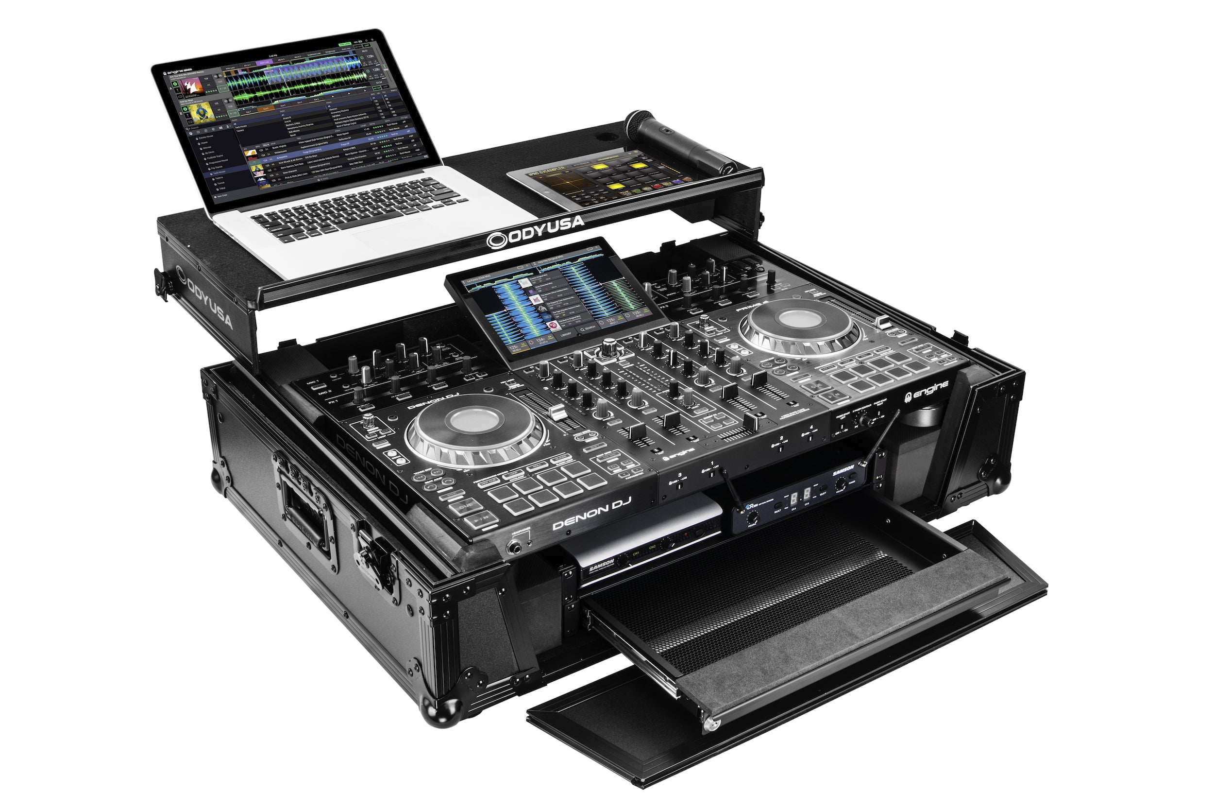 Odyssey FZGSPRIME4W2BL - Denon Prime 4 Black Flight Case with Patented Glide Laptop Platform and 2U Rack Space