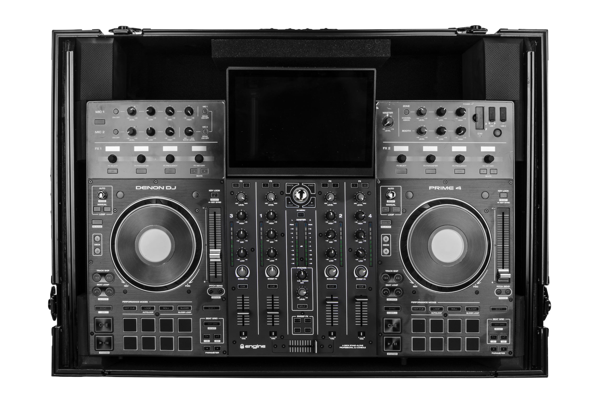 Odyssey FZGSPRIME4W2BL - Denon Prime 4 Black Flight Case with Patented Glide Laptop Platform and 2U Rack Space