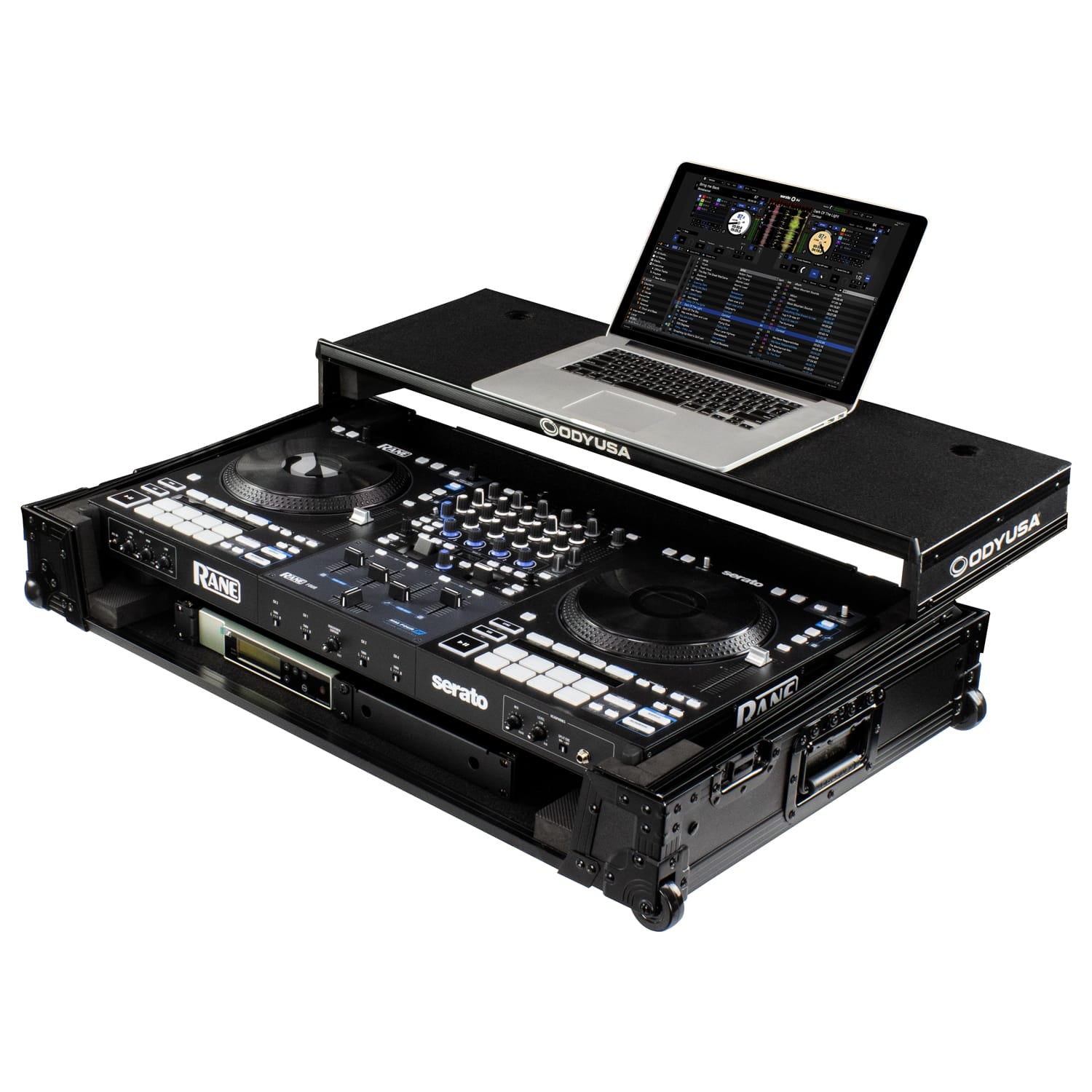 Odyssey FZGSRANE4W1BL - RANE FOUR Black Label 1U Flight Case with Glide Style Laptop Platform and Wheels