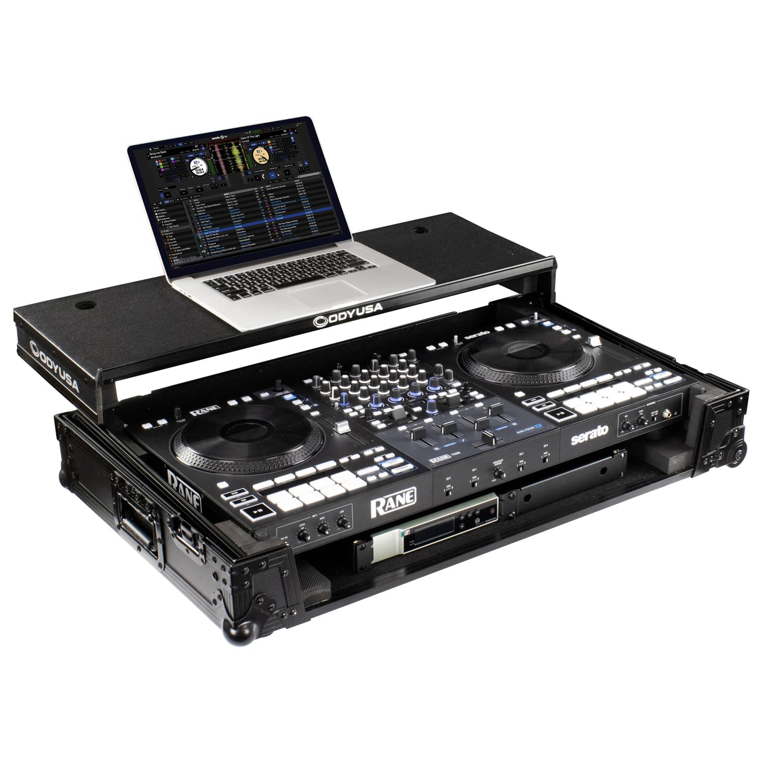Odyssey FZGSRANE4W1BL - RANE FOUR Black Label 1U Flight Case with Glide Style Laptop Platform and Wheels