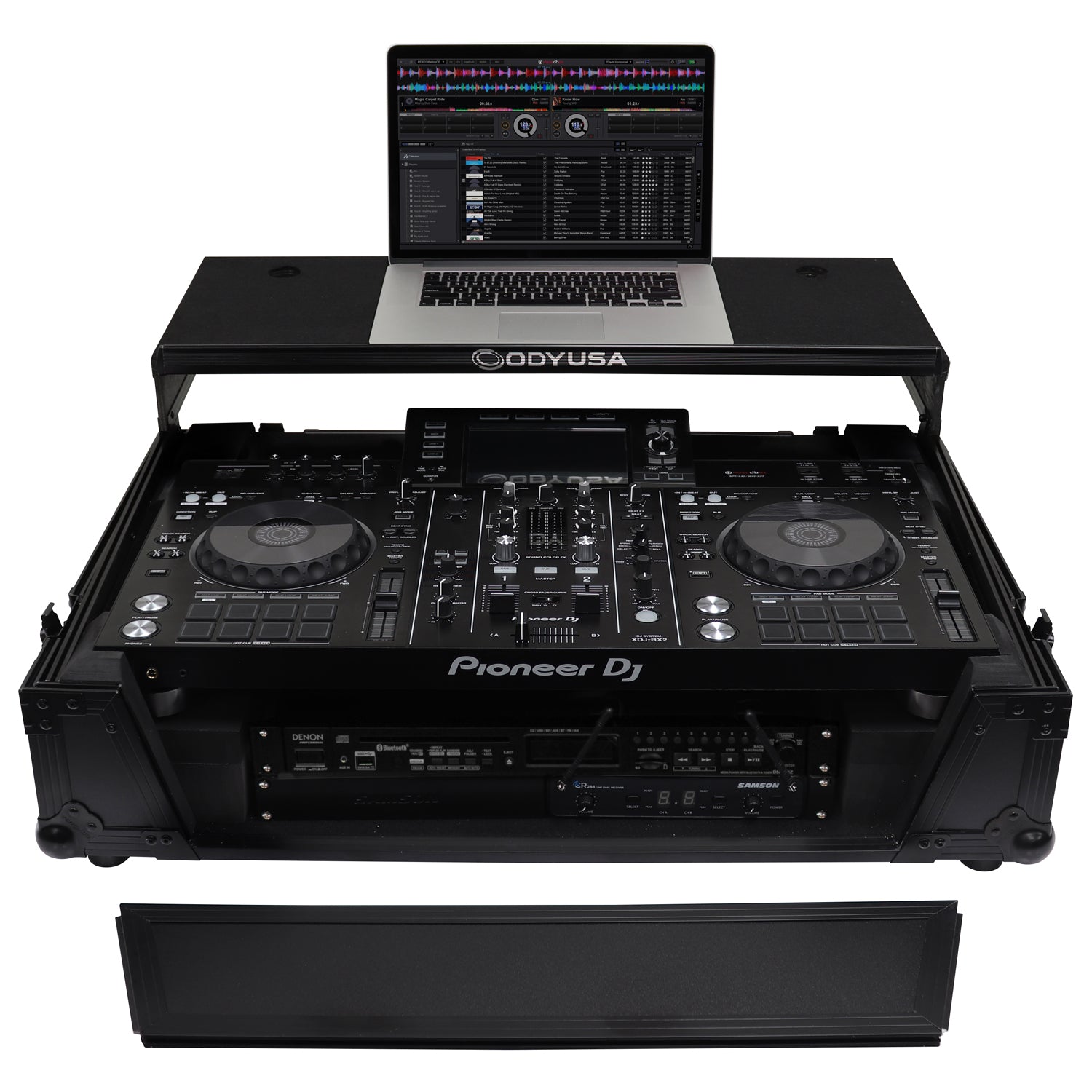 Odyssey FZGSXDJRX2W2BL - Black Pioneer XDJ-RX / XDJ-RX2 Flight Case with 2U Rack Space and Glide Platform