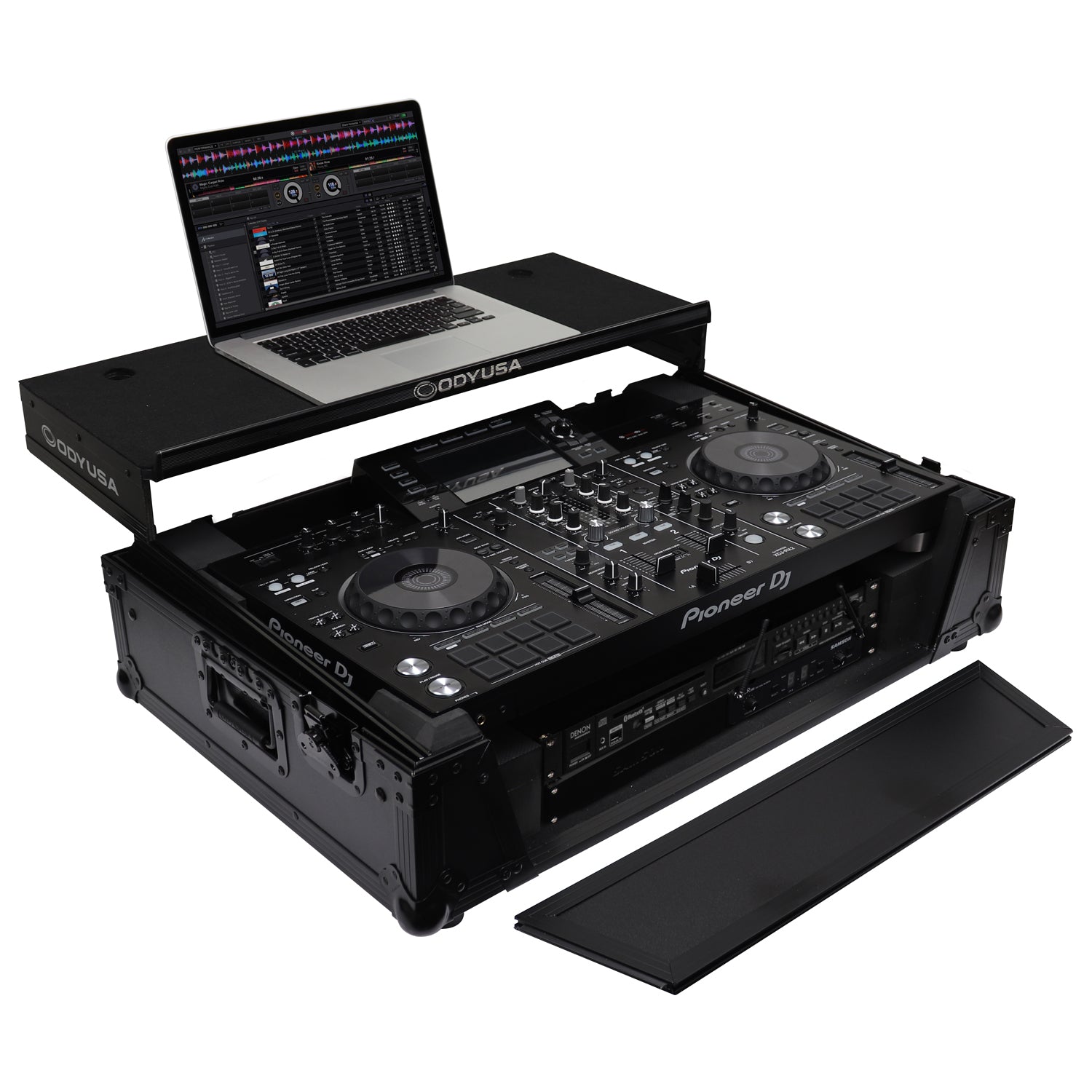 Odyssey FZGSXDJRX2W2BL - Black Pioneer XDJ-RX / XDJ-RX2 Flight Case with 2U Rack Space and Glide Platform