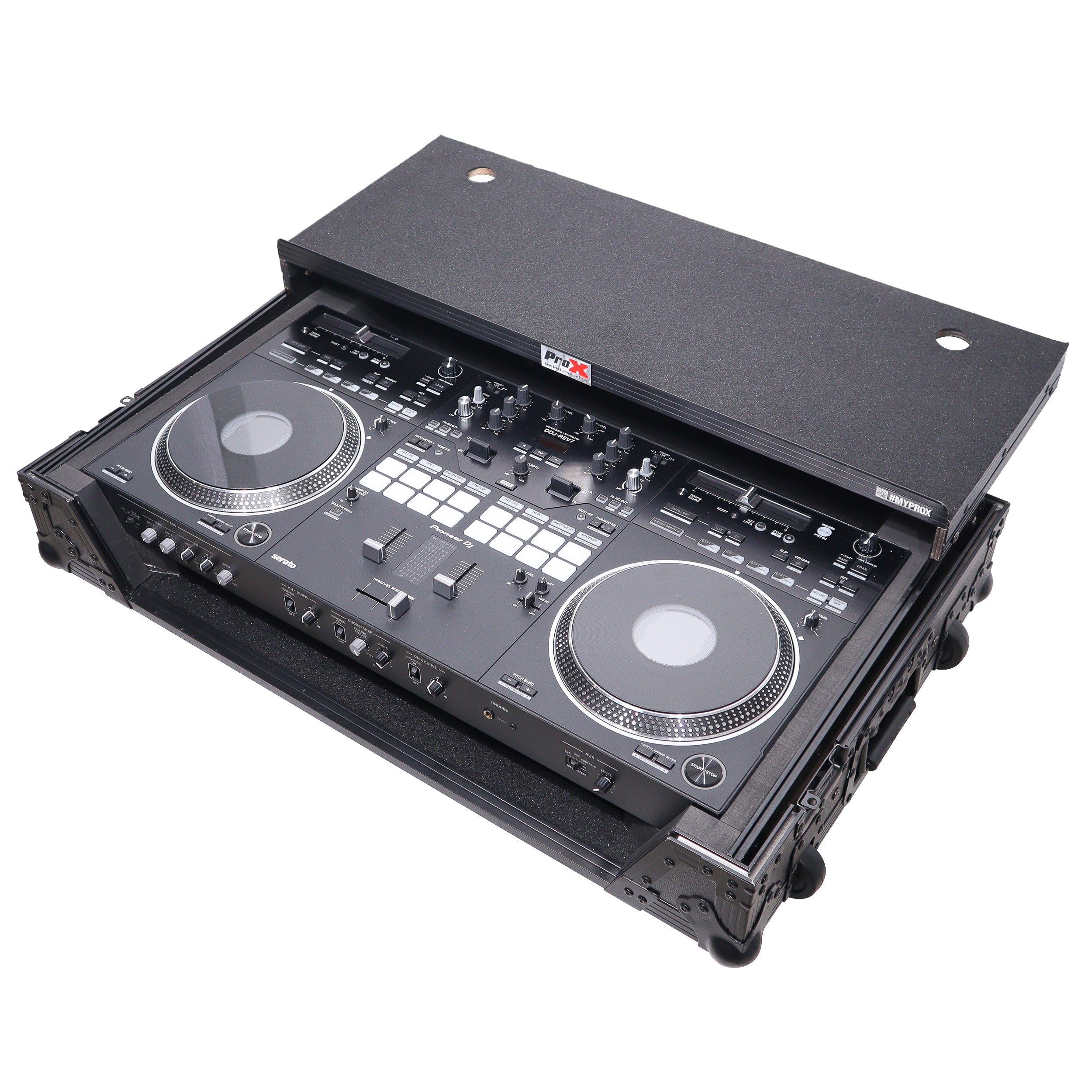 ProX XS-DDJREV7WLTBL - ATA Style Flight Case for Pioneer DDJ-REV7 DJ Controller with Laptop Shelf Wheels and 1U Rackspace Black Finish