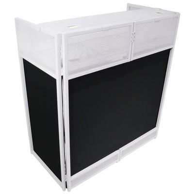 ProX XF-VISTAWHMK2 - VISTA DJ Booth Table Work Station with White Black Scrims and Carrying Bag White Frame