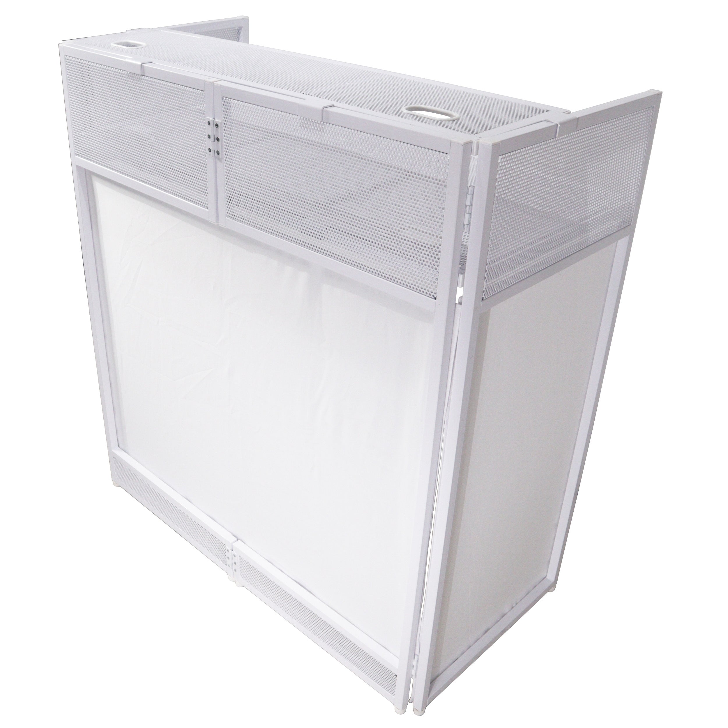 ProX XF-VISTAWHMK2 - VISTA DJ Booth Table Work Station with White Black Scrims and Carrying Bag White Frame