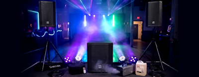 Party Rocker Bundle lights and atmospherics - Colorkey HEX 5 uplights and Antari fog machine