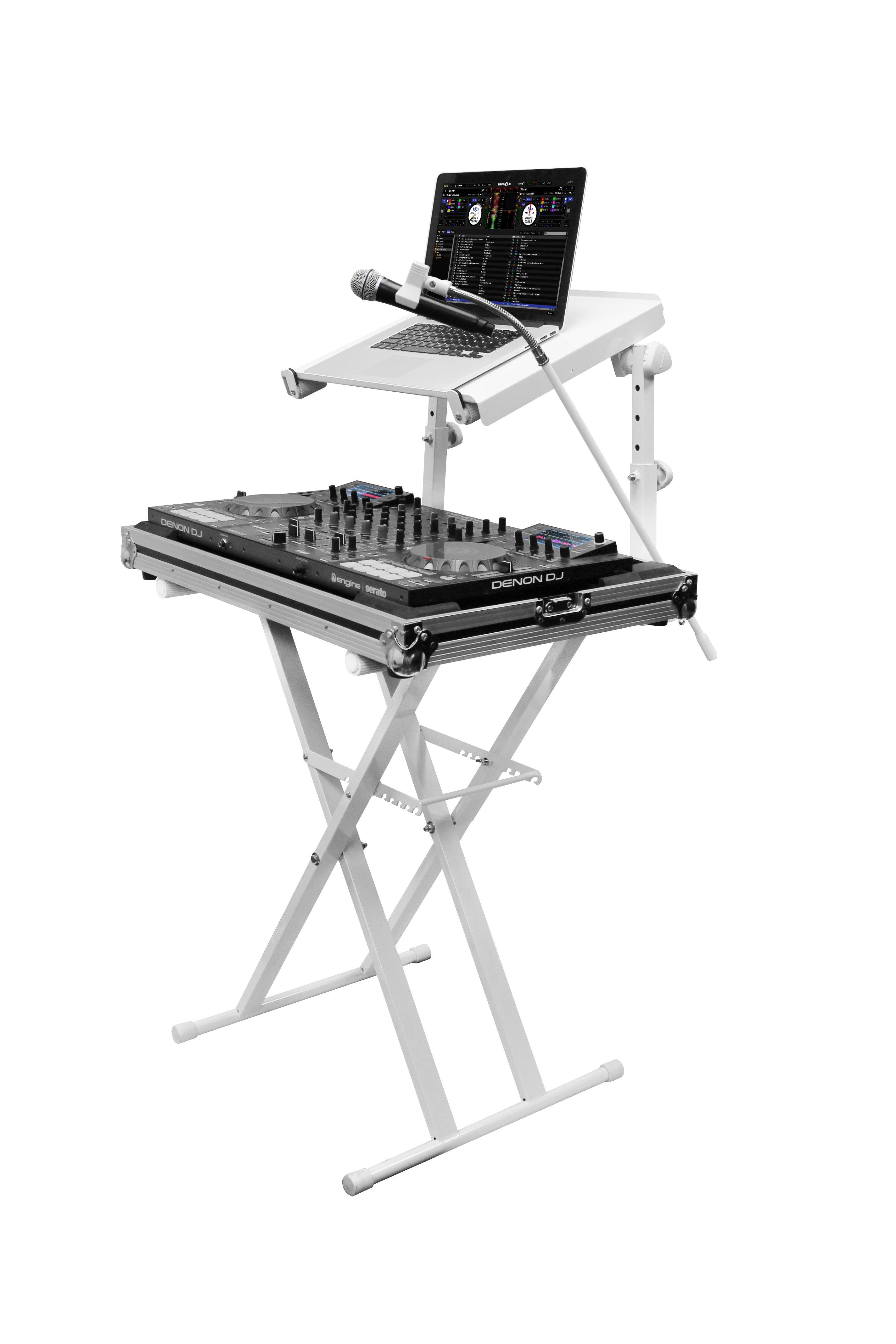 Odyssey LTBXS2MTCPWHT - X-Stand Combo Pack Dual Tier Heavy-Duty Folding Stand with Microphone Boom and Laptop/Gear Shelf