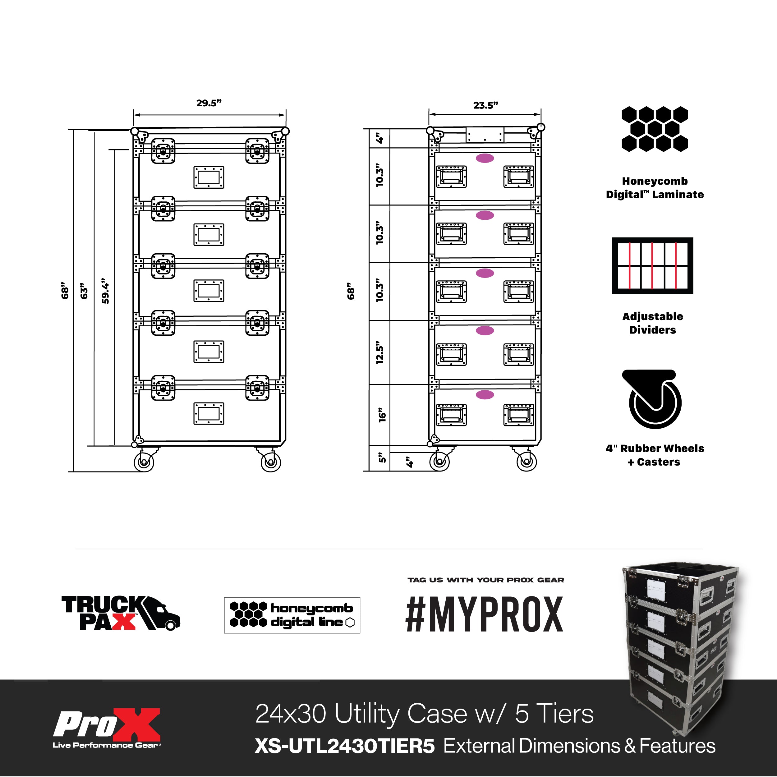 ProX 5 Tier TruckPax Utility ATA Flight Case Truck Storage Road Case with Dividers and 4" in casters – 24"x30"x68" Ext