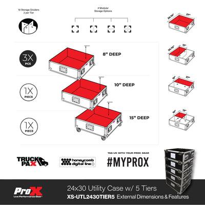 ProX 5 Tier TruckPax Utility ATA Flight Case Truck Storage Road Case with Dividers and 4" in casters – 24"x30"x68" Ext