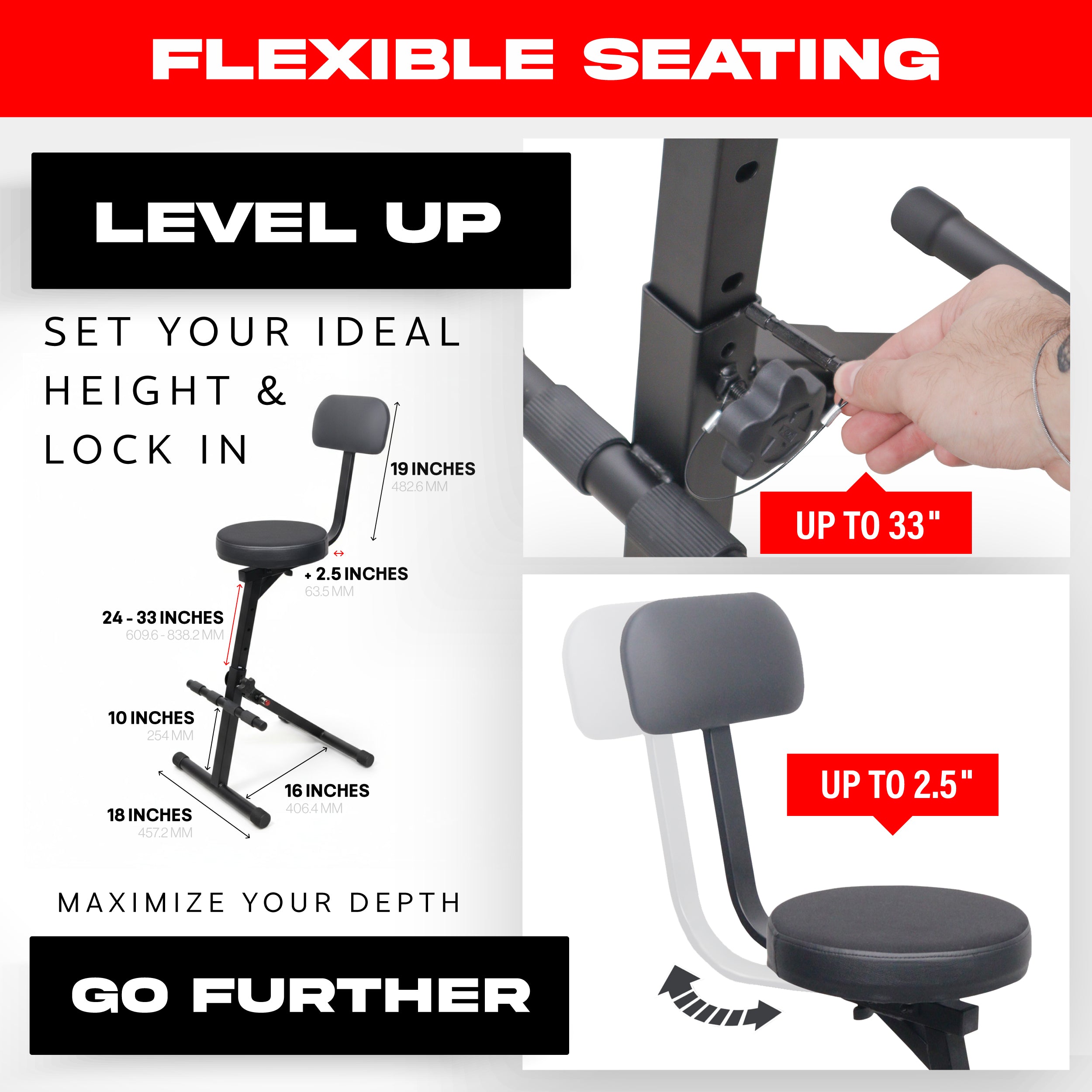 ProX Portable Folding AV Operator DJ Keyboard Drum Height Adjustable Throne Chair with 13 in. Velvet Padded Cushion