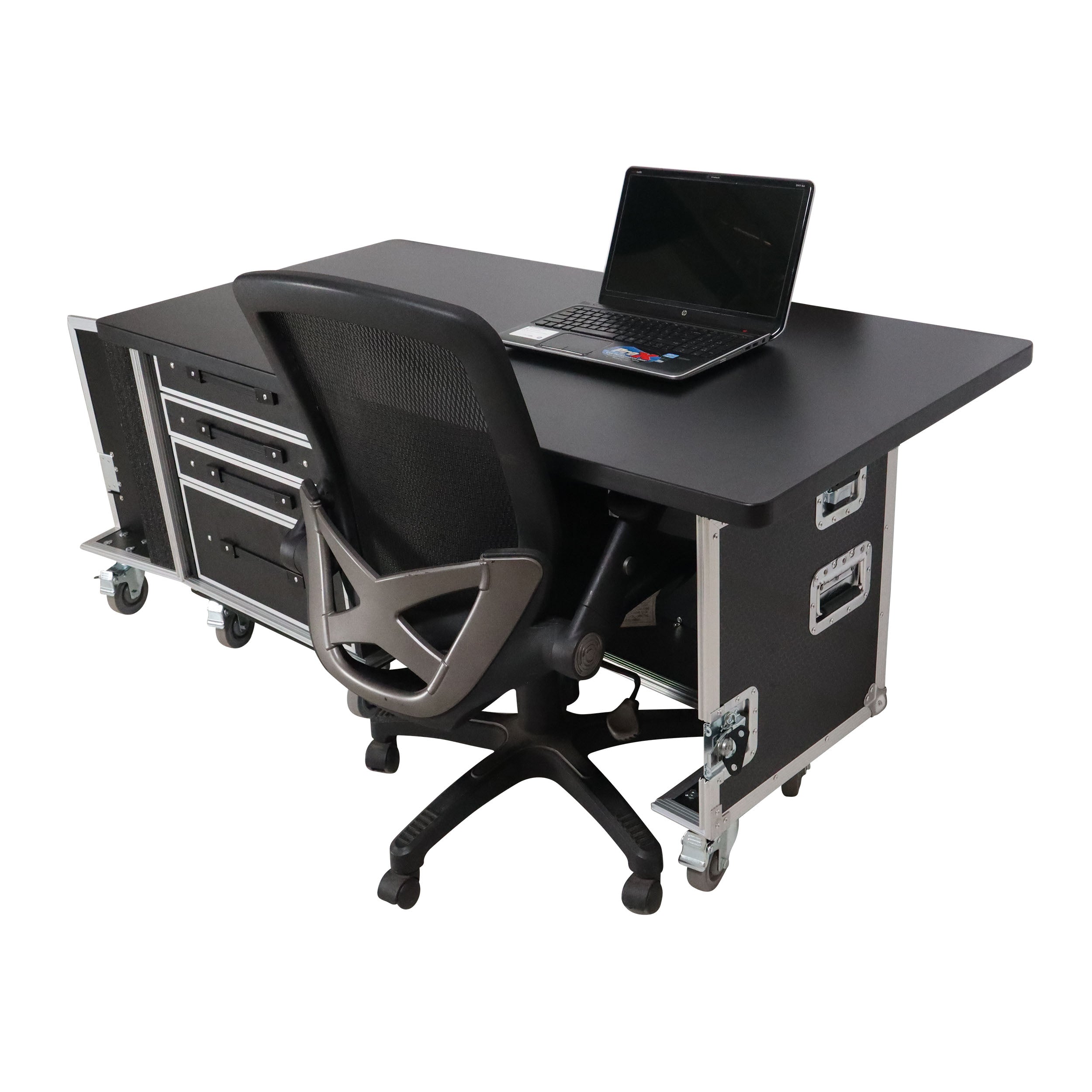 ProX Mobile Office Foldable Pro Desk Flight case Workstation 60x30" Table Top, Drawer and Wheels