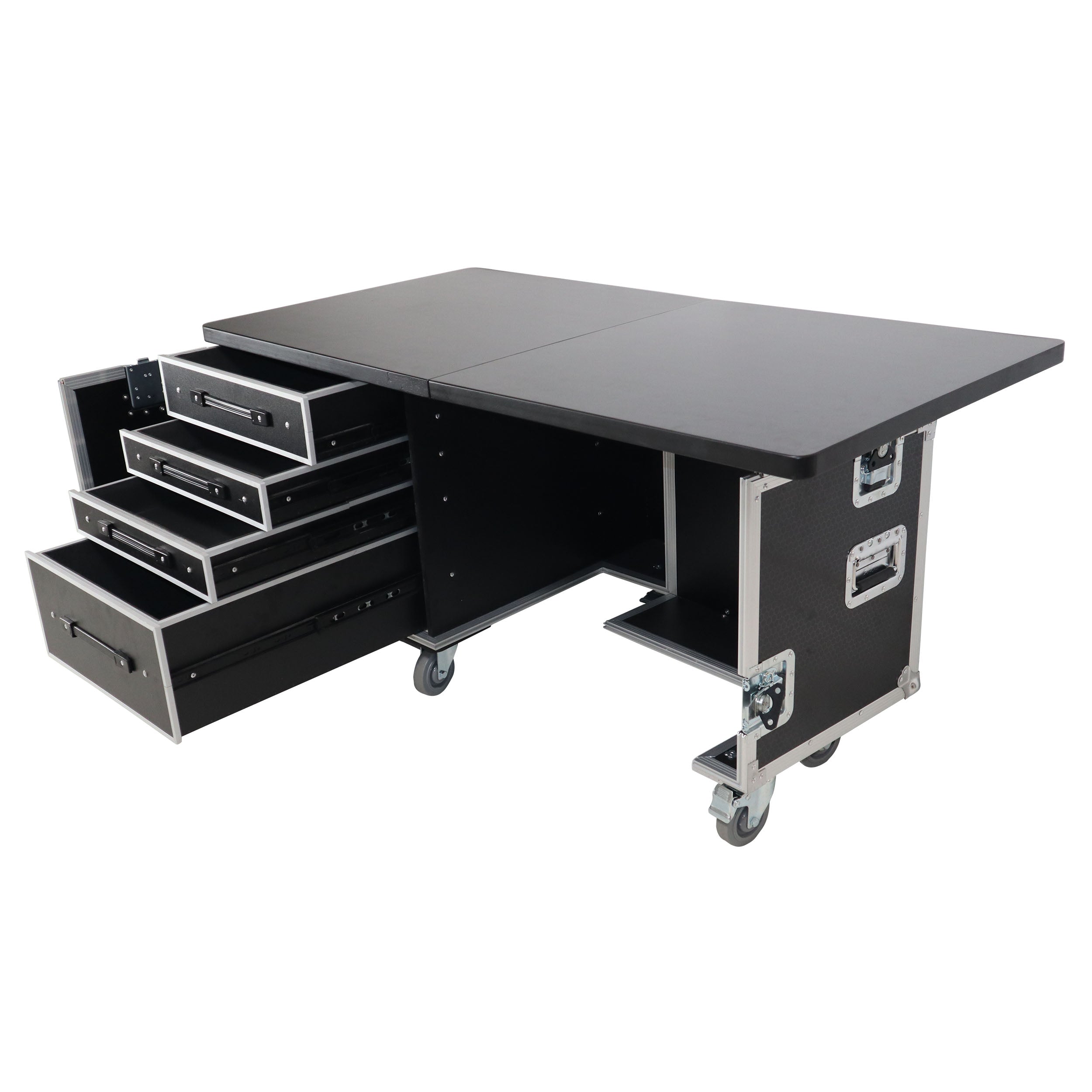 ProX Mobile Office Foldable Pro Desk Flight case Workstation 60x30" Table Top, Drawer and Wheels