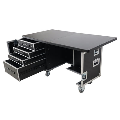 ProX Mobile Office Foldable Pro Desk Flight case Workstation 60x30" Table Top, Drawer and Wheels