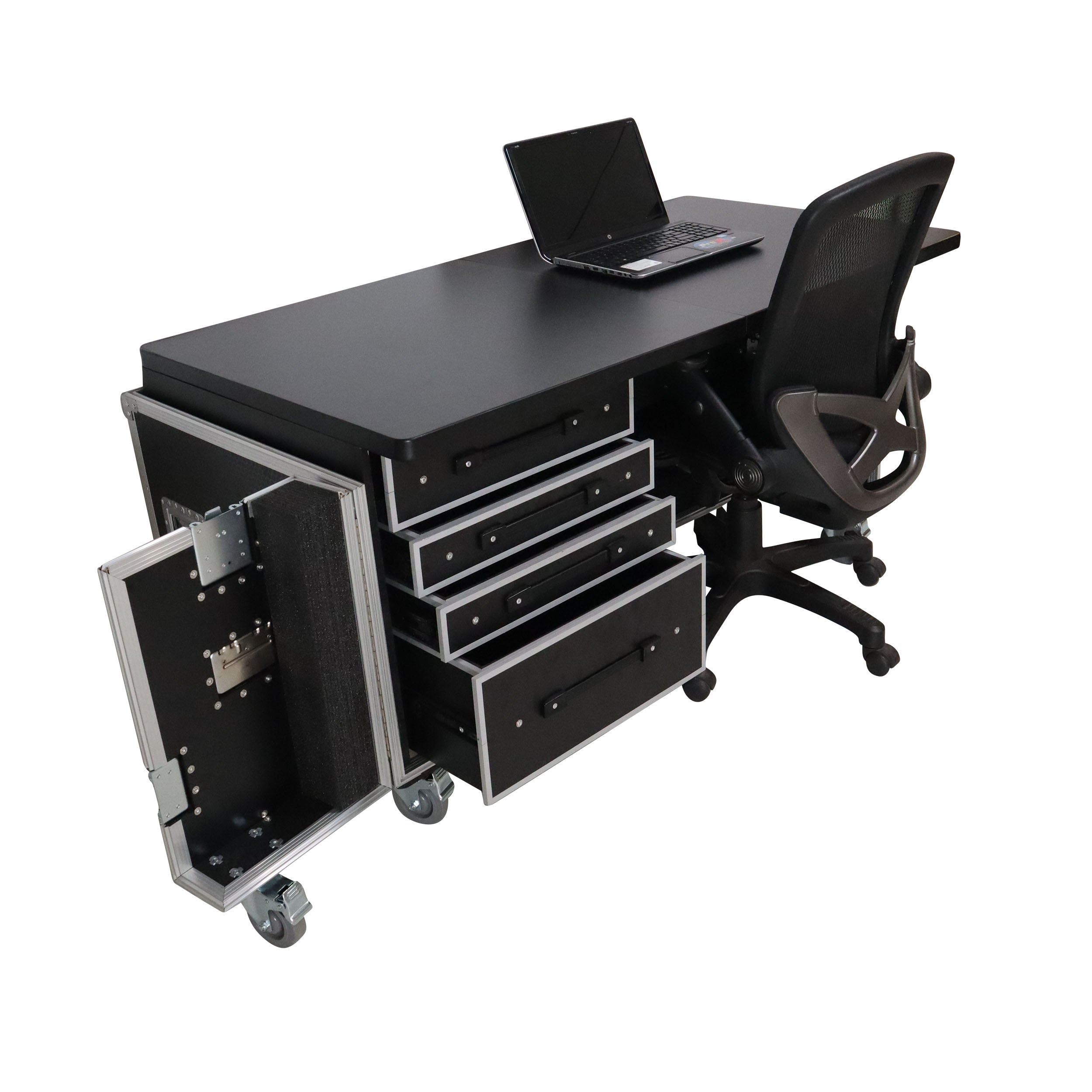 ProX Mobile Office Foldable Pro Desk Flight case Workstation 60x30" Table Top, Drawer and Wheels