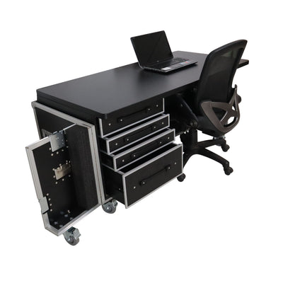 ProX Mobile Office Foldable Pro Desk Flight case Workstation 60x30" Table Top, Drawer and Wheels
