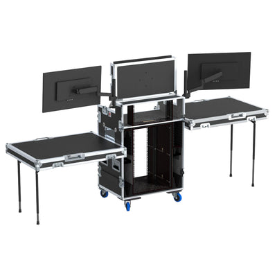 ProX Video Control Workstation Flight Case 16U + 5U Rack with Dual Side Tables & Triple Monitor Mount by Santosom