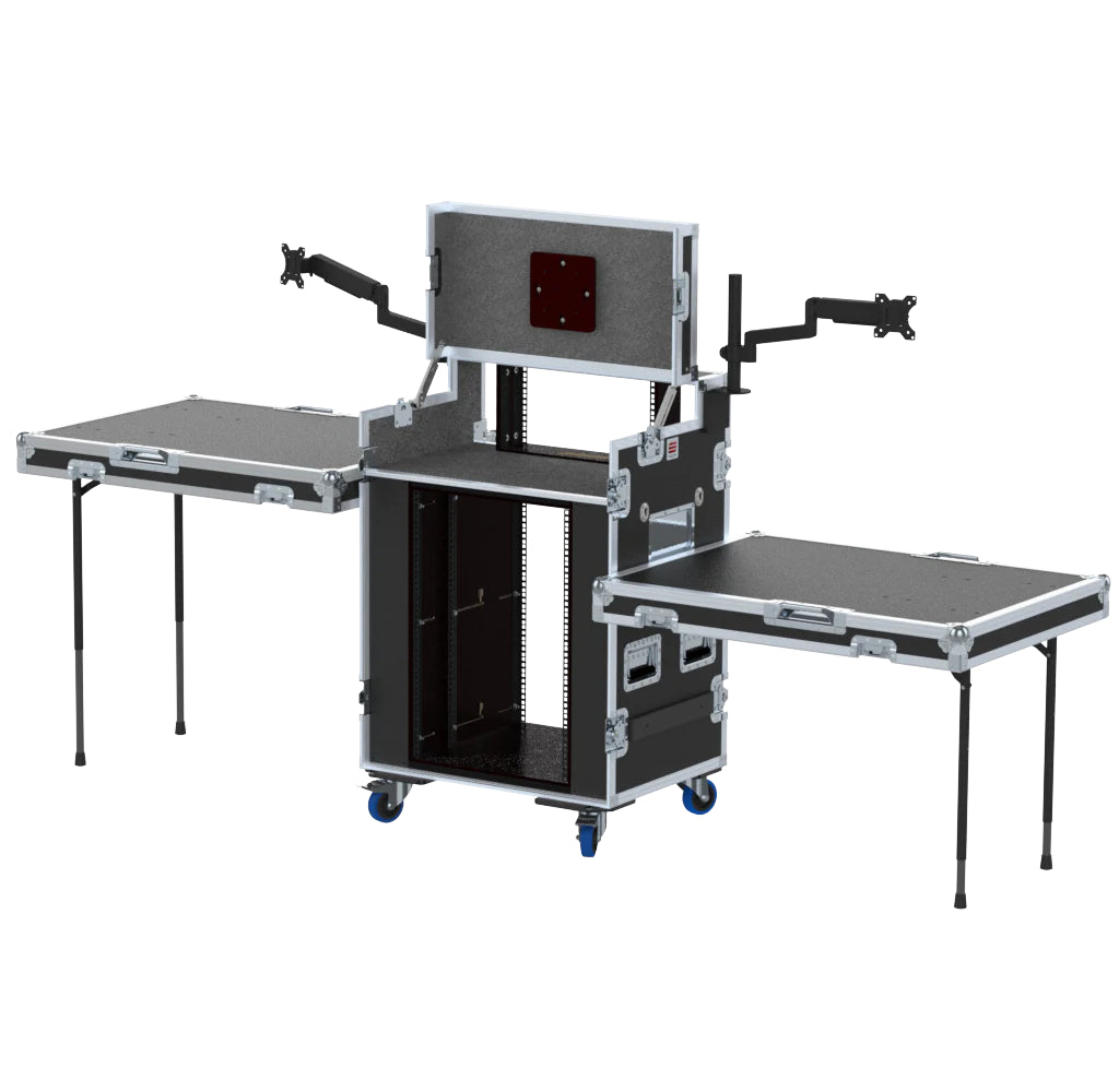 ProX Video Control Workstation Flight Case 16U + 5U Rack with Dual Side Tables & Triple Monitor Mount by Santosom