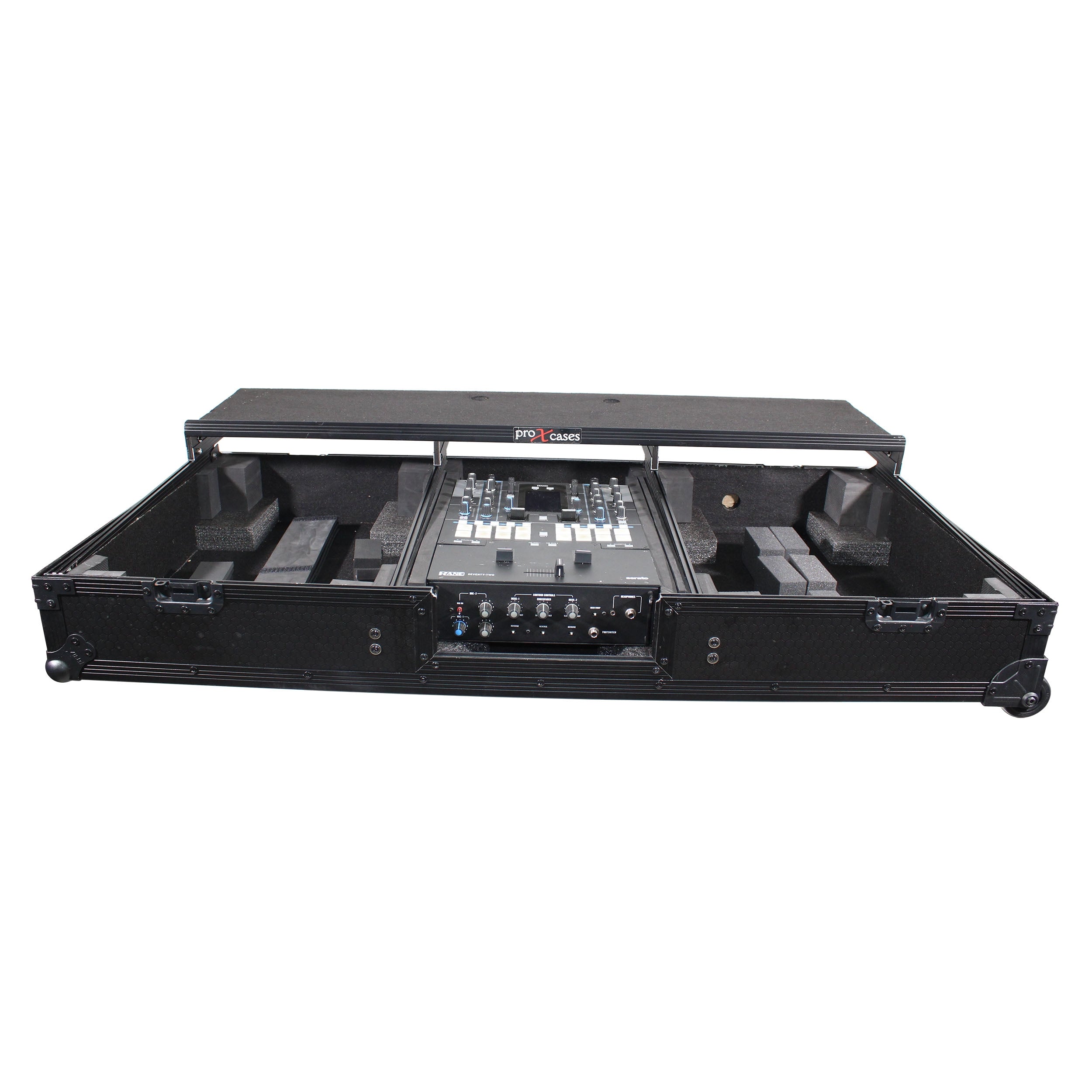 ProX XS-TMC1012WLTFBTLBL - Flight Coffin Case For 12" Rane 72 Mixer and 2 Turntables in Battle Mode W/ Laptop Shelf and Wheels Black on Black