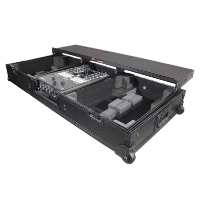 ProX XS-TMC1012WLTFBTLBL - Flight Coffin Case For 12" Rane 72 Mixer and 2 Turntables in Battle Mode W/ Laptop Shelf and Wheels Black on Black