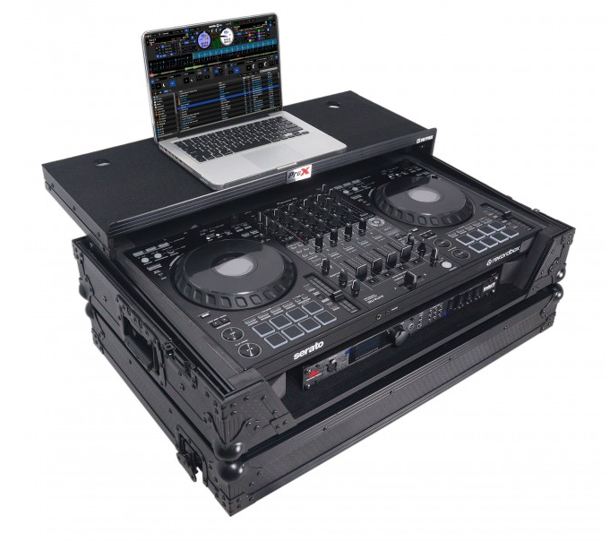 ProX XS-DDJFLX10WLTBLLED - ATA Flight Style Road Case For Pioneer DDJ-FLX10 or DDJ-GRV6 with Laptop Shelf 1U Rack Space Wheels and LED Black Finish