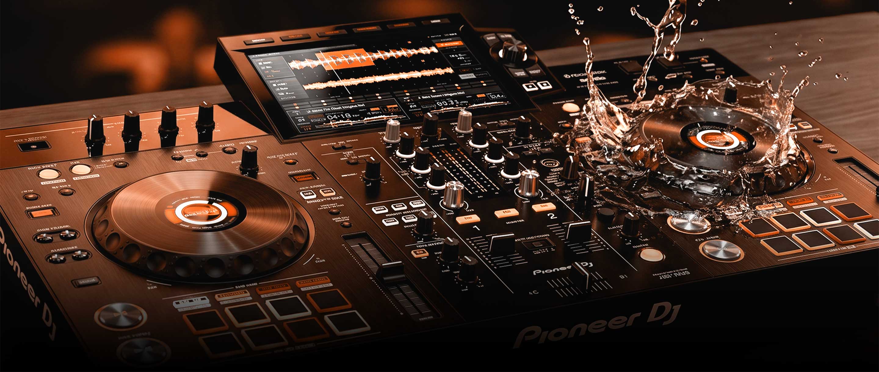 Pioneer DJ mixer with splashing water effect on a dark background