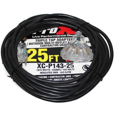 ProX XC-P143-25 - 25' Ft. 120VAC NEMA 15 Male to 3 Outlet Female Power-Extension Cord 14 AWG