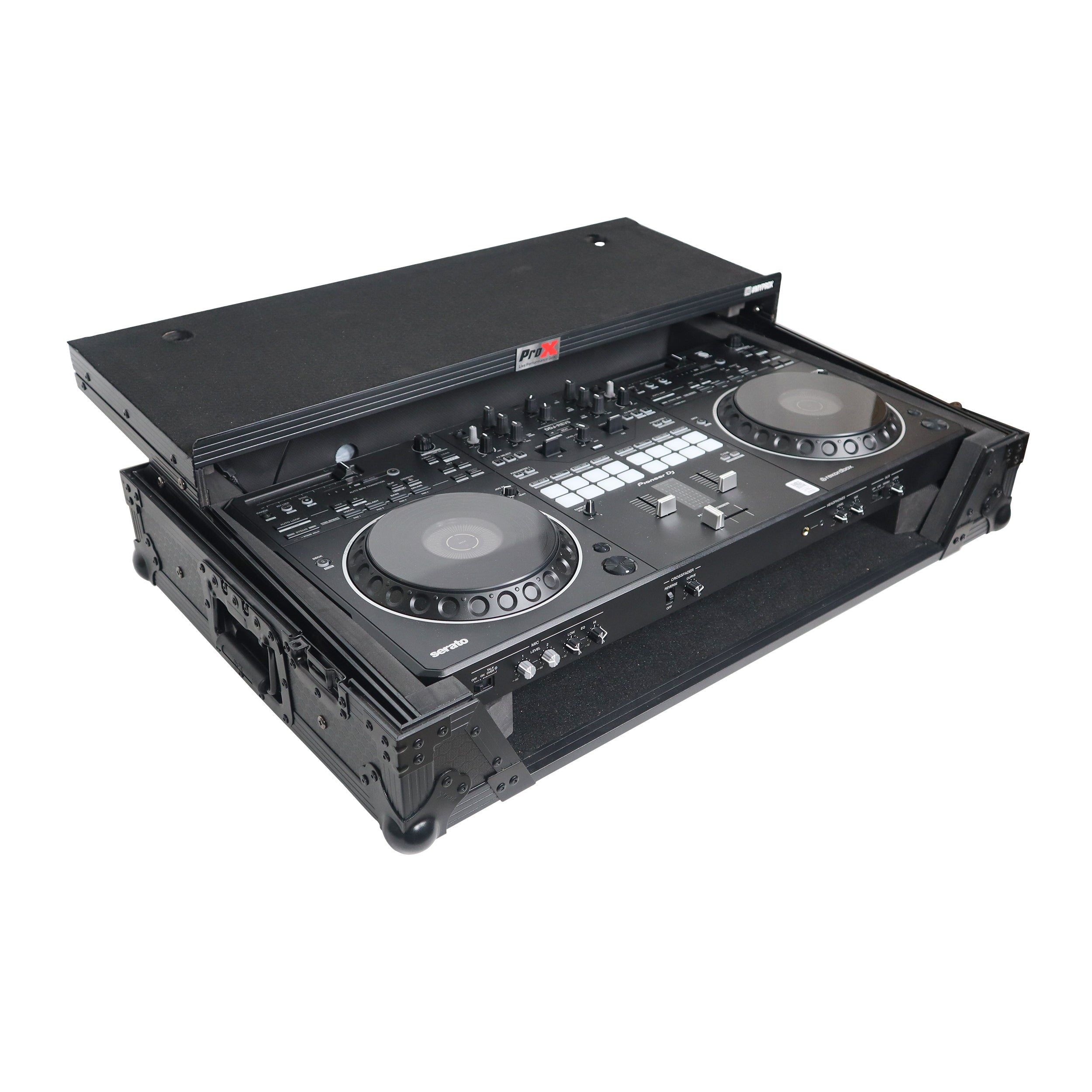 ProX XS-DDJREV5WLTBLLED - ATA Flight Style Road Case For Pioneer DDJ-REV5 DJ Controller with Laptop Shelf 1U Rack Space Wheels and LED Black Finish