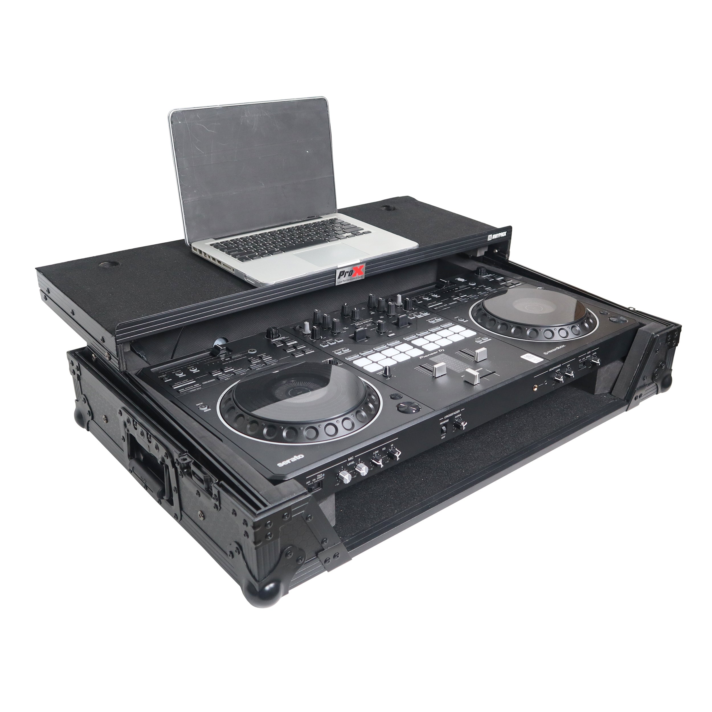 ProX XS-DDJREV5WLTBLLED - ATA Flight Style Road Case For Pioneer DDJ-REV5 DJ Controller with Laptop Shelf 1U Rack Space Wheels and LED Black Finish