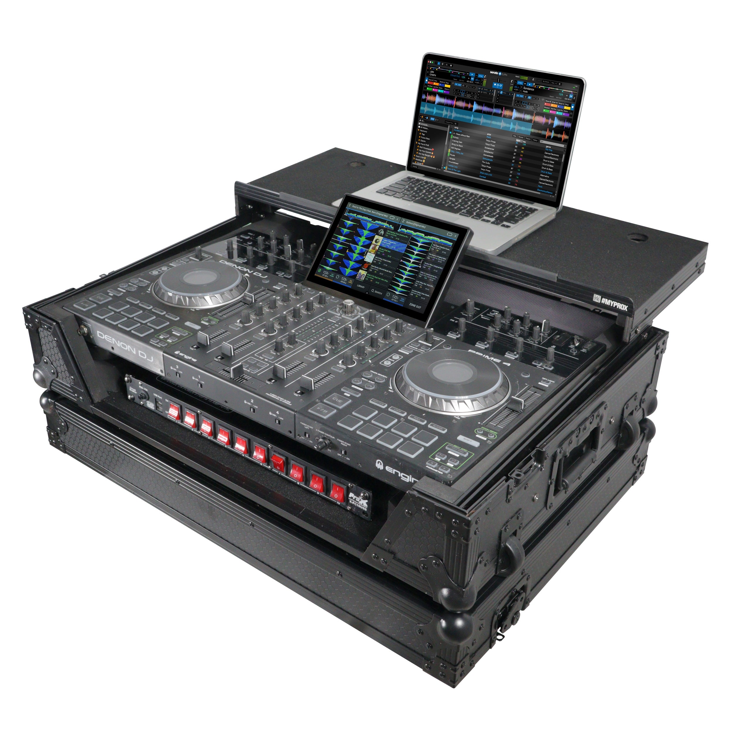ProX XS-PRIME4WLTBL - ATA Flight Case For Denon PRIME 4 DJ Controller with Laptop Shelf 1U Rack Space and Wheels - Black