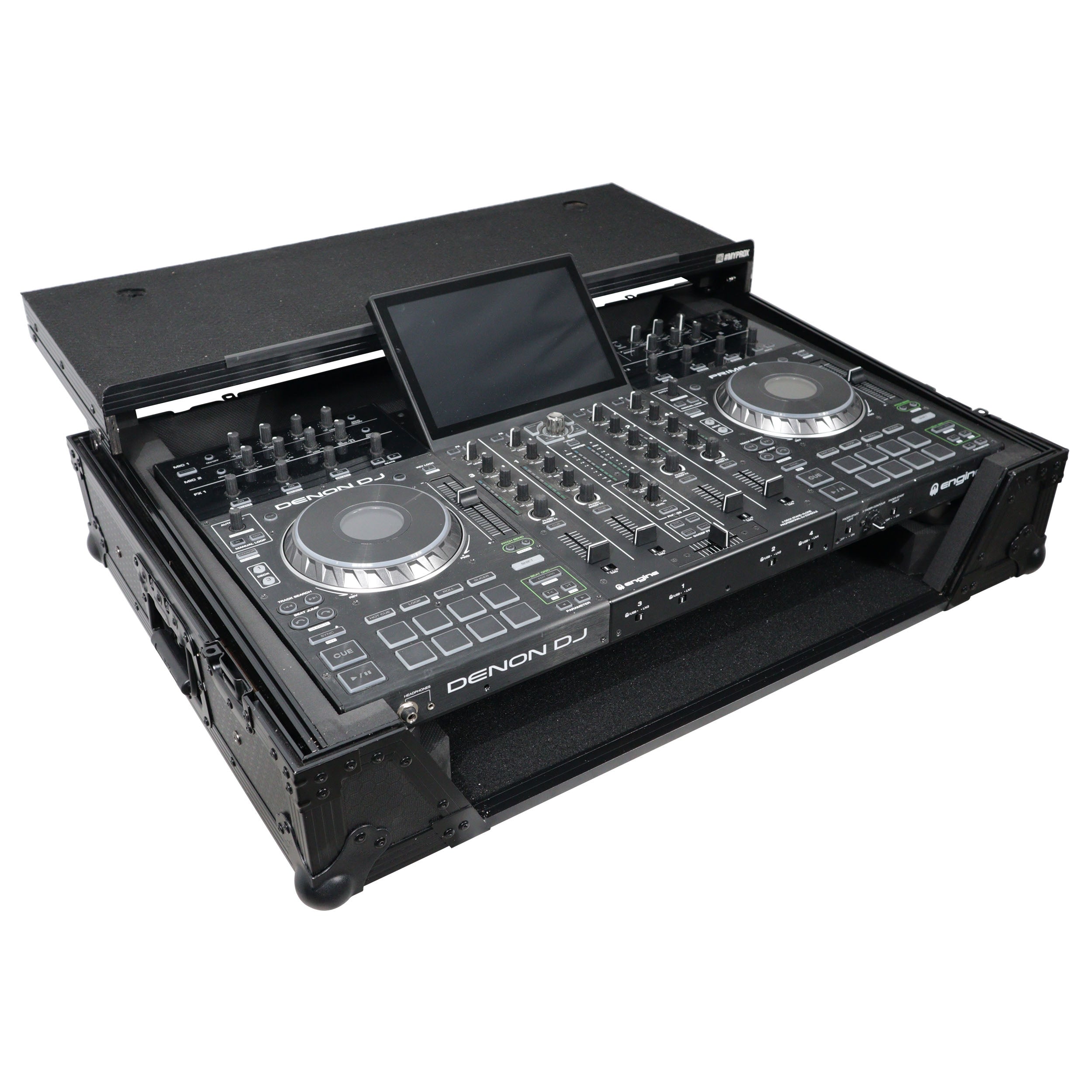 ProX XS-PRIME4WLTBL - ATA Flight Case For Denon PRIME 4 DJ Controller with Laptop Shelf 1U Rack Space and Wheels - Black
