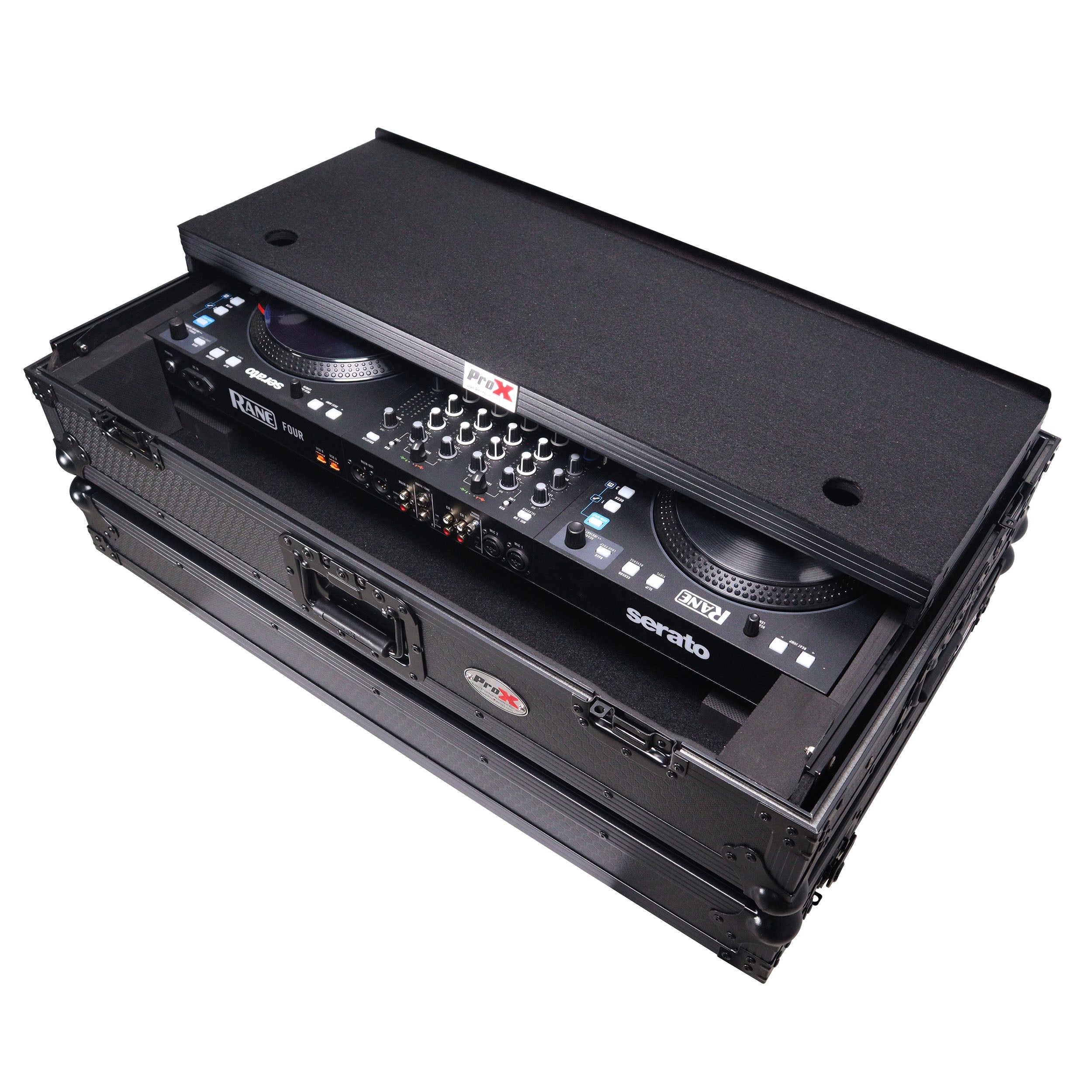 ProX XS-RANEFOURWLTBLLED - ATA Flight Style Road Case For RANE Four or RANE Performer DJ Controller with Laptop Shelf 1U Rack Space LED and Wheels - Black