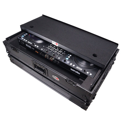 ProX XS-RANEFOURWLTBLLED - ATA Flight Style Road Case For RANE Four or RANE Performer DJ Controller with Laptop Shelf 1U Rack Space LED and Wheels - Black