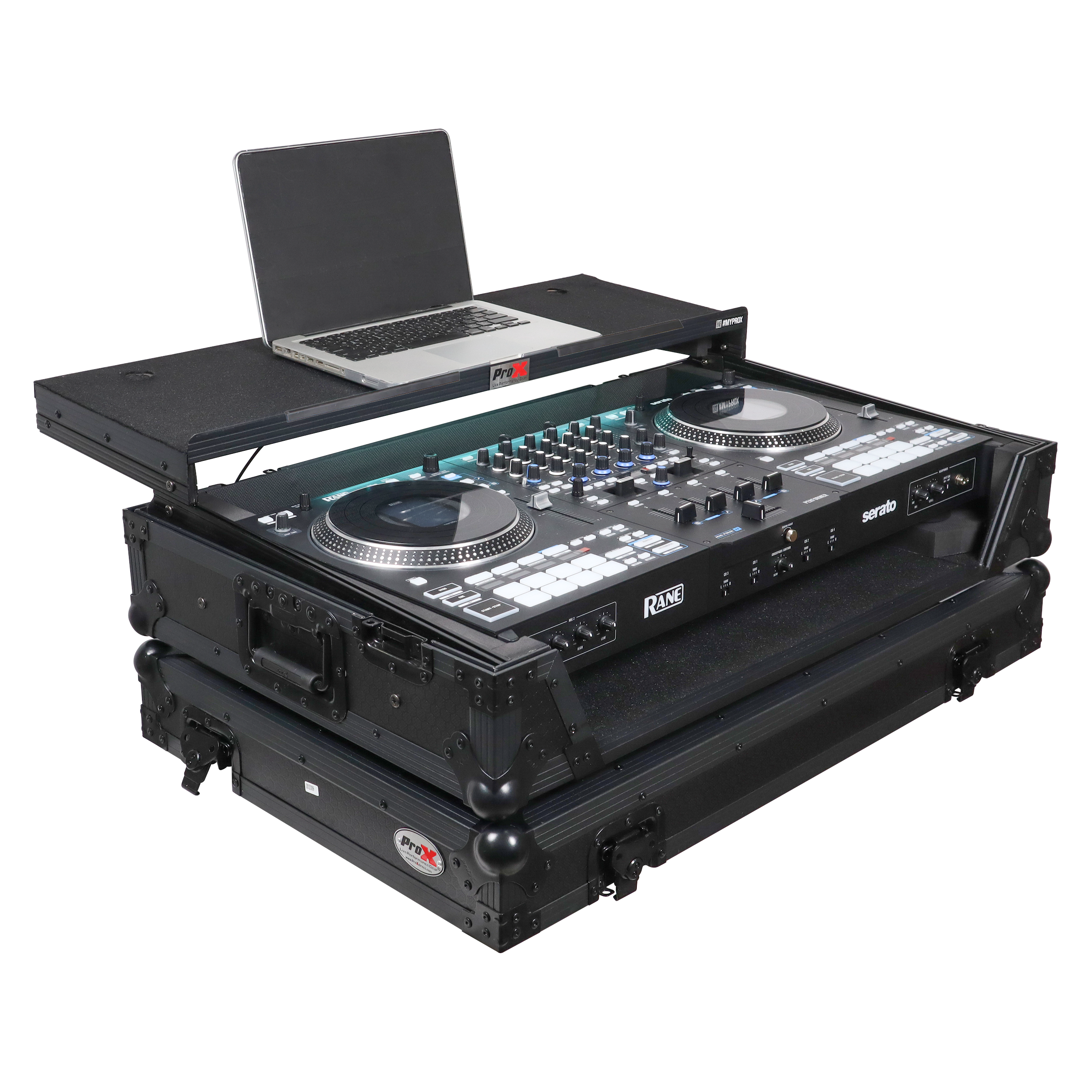 ProX XS-RANEFOURWLTBLLED - ATA Flight Style Road Case For RANE Four or RANE Performer DJ Controller with Laptop Shelf 1U Rack Space LED and Wheels - Black