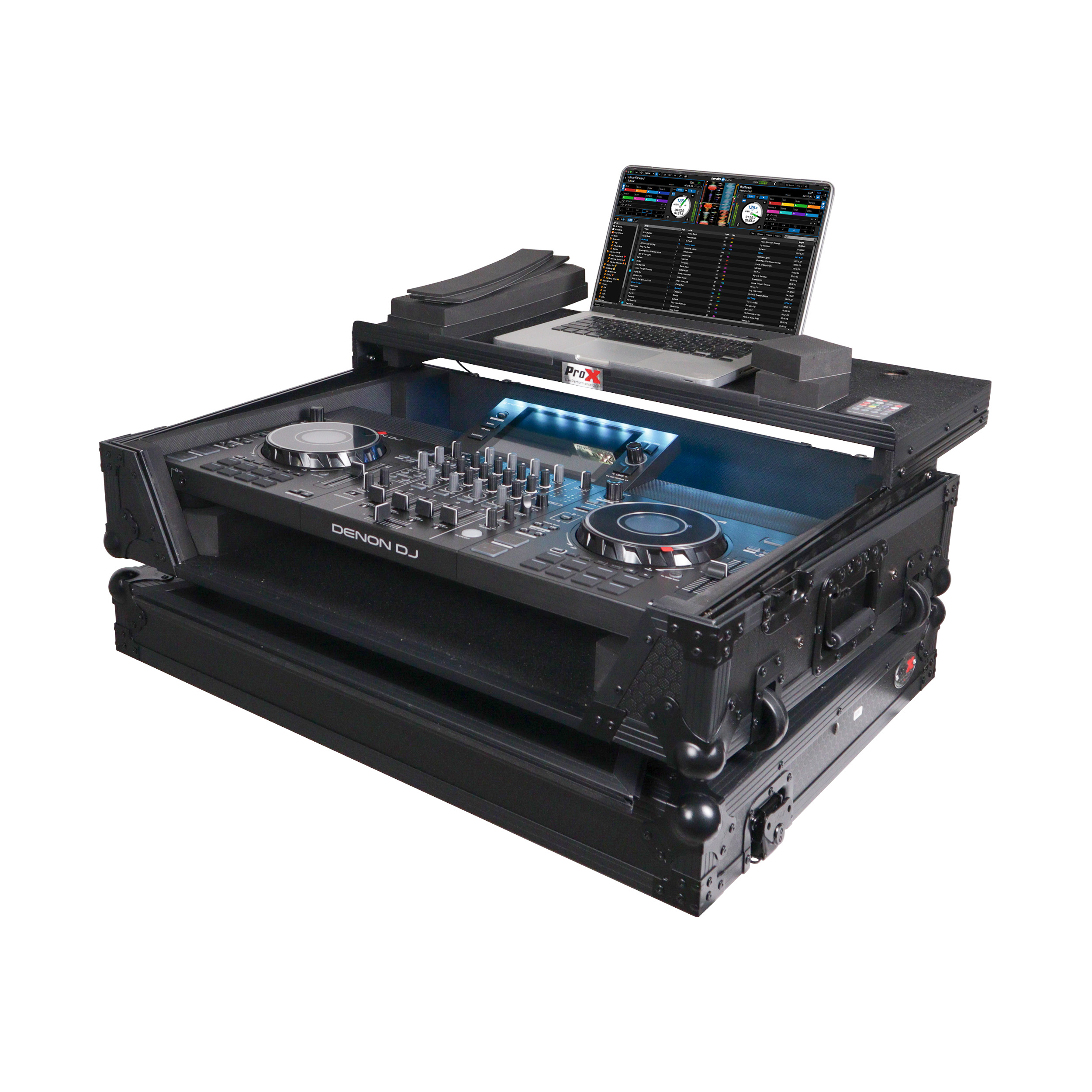 ProX XS-SCLIVE4WLTBLLED - ATA Flight Style Road Case For Denon SC Live 4 Controller with Laptop Shelf 1U Rack Space RGB LED Black Finish
